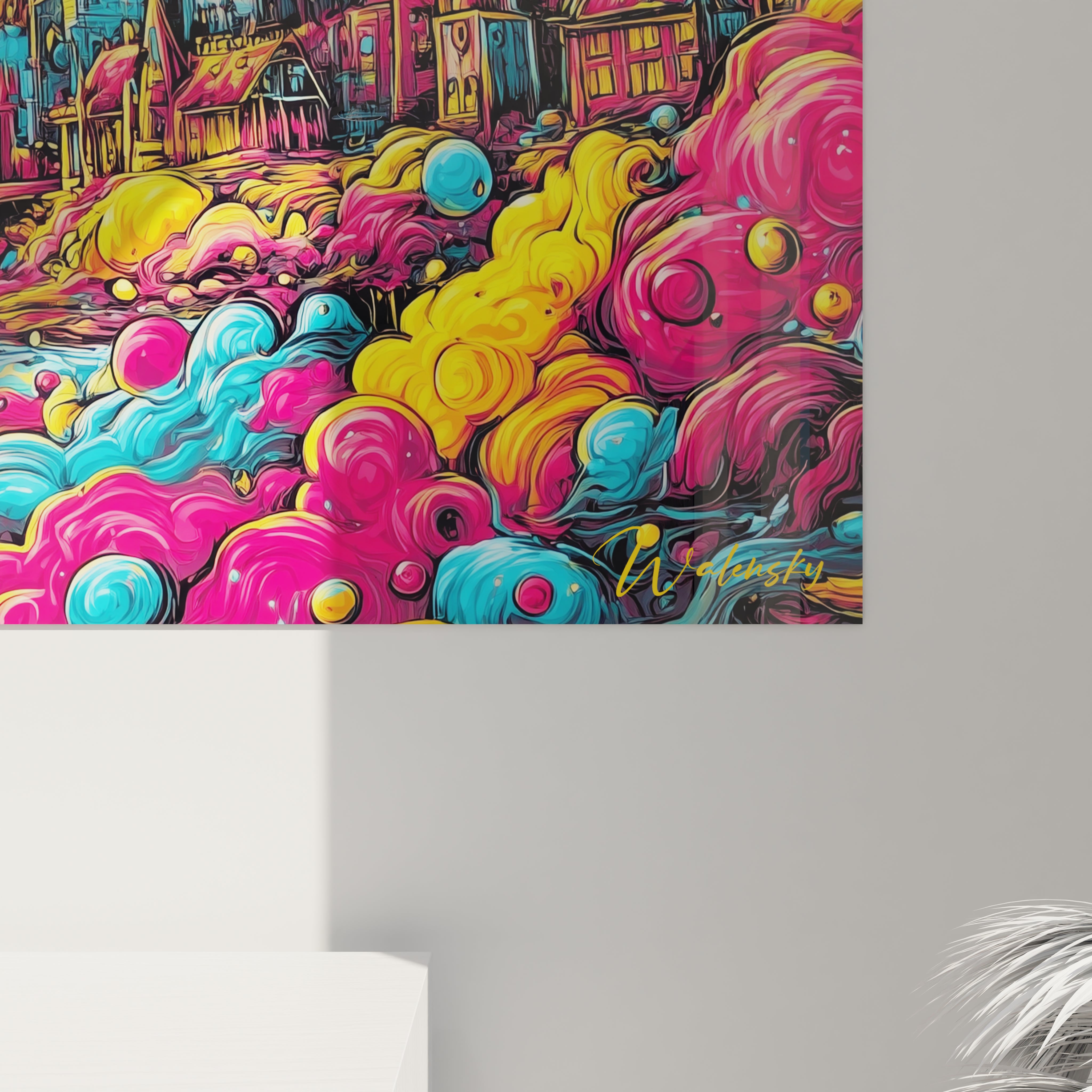 Vue ensemble tableau mural bateau pirate psychédélique décoration intérieure couleurs vives art maritime