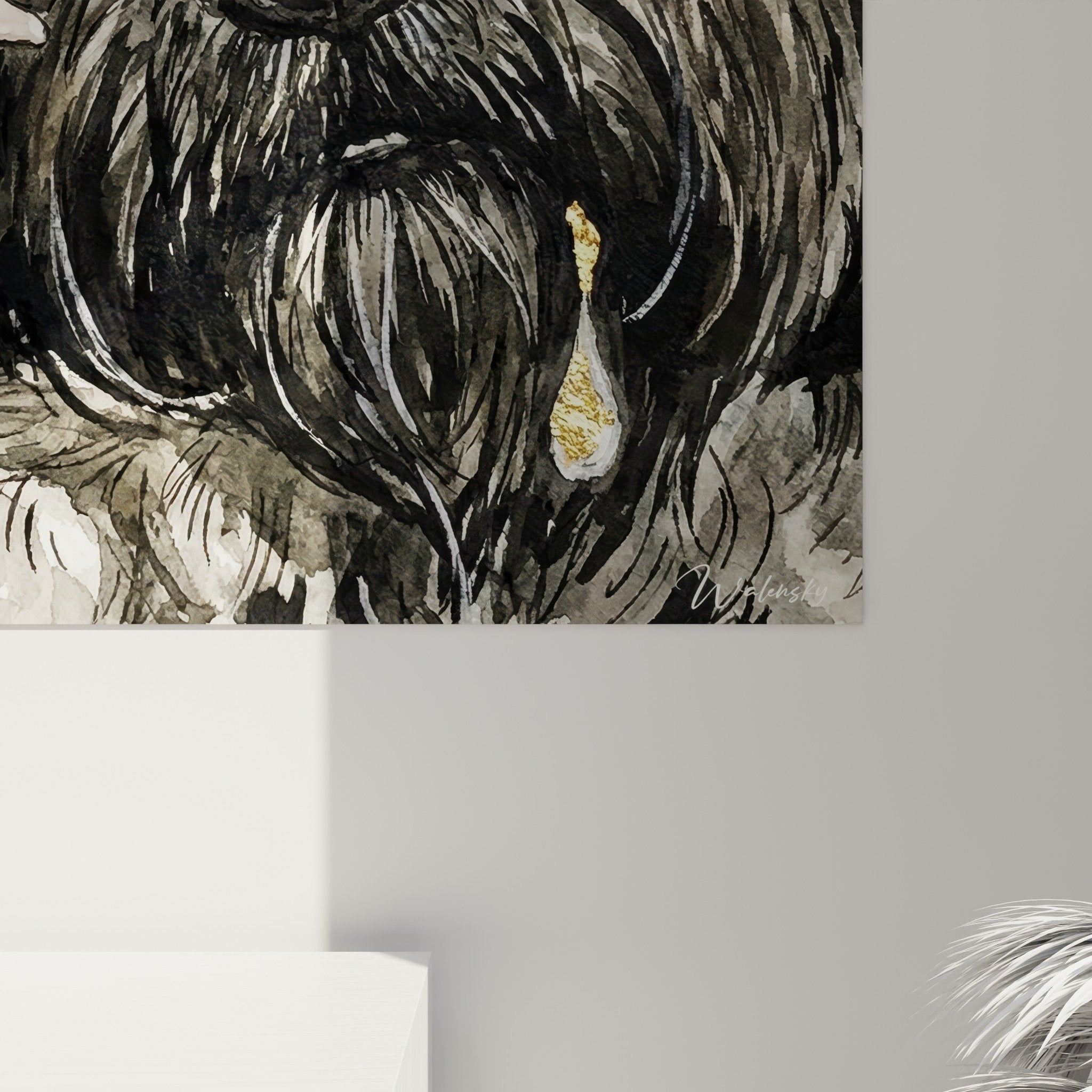 Vista panoramica quadro murale Bovaro delle Fiandre e anatroccolo, stile artistico espressivo grigio e giallo