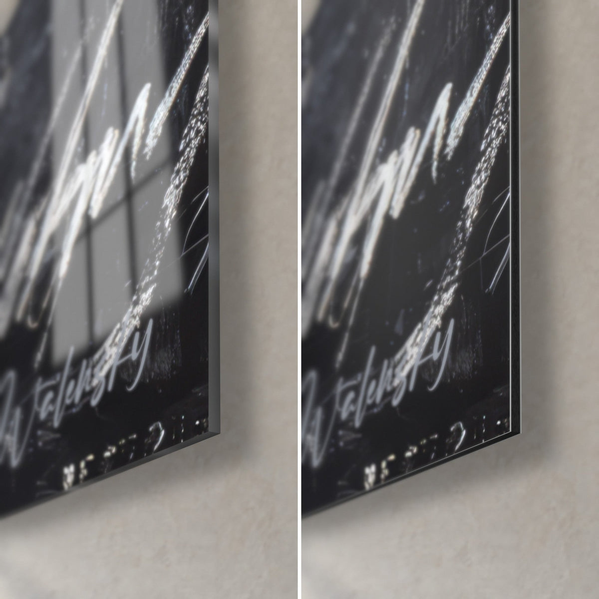 Wall art white chalk graphics and deep black, bottom right corner: glossy glass with reflections against matte Dibond, 3 mm edge