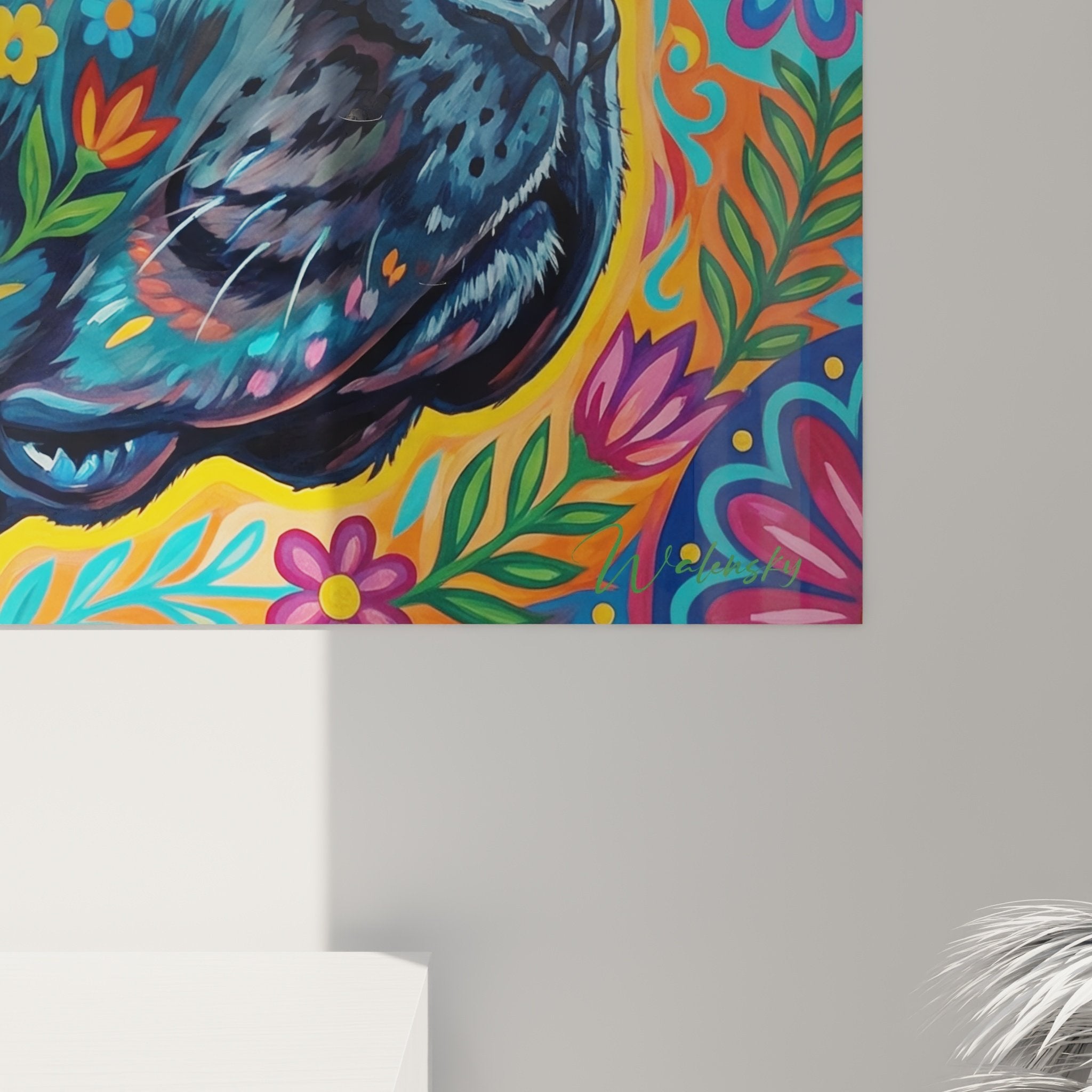Übersicht Wandkunst Cane Corso blumiger Garten farbenfroher folkloristischer Stil zeitgenössische dekorative Kunst Wohnzimmer