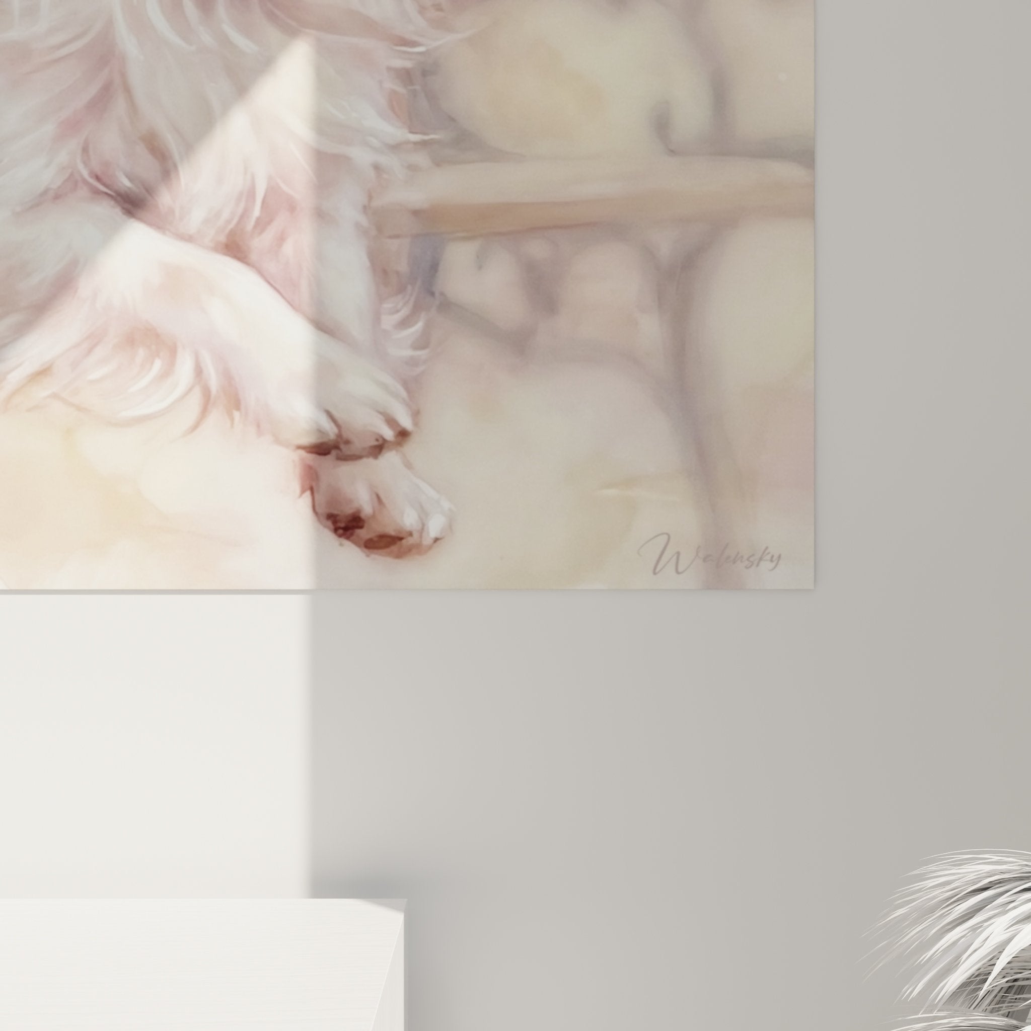 Vue d'ensemble tableau Chien Papillon artistique, composition harmonieuse tons chauds, art mural décoratif élégant
