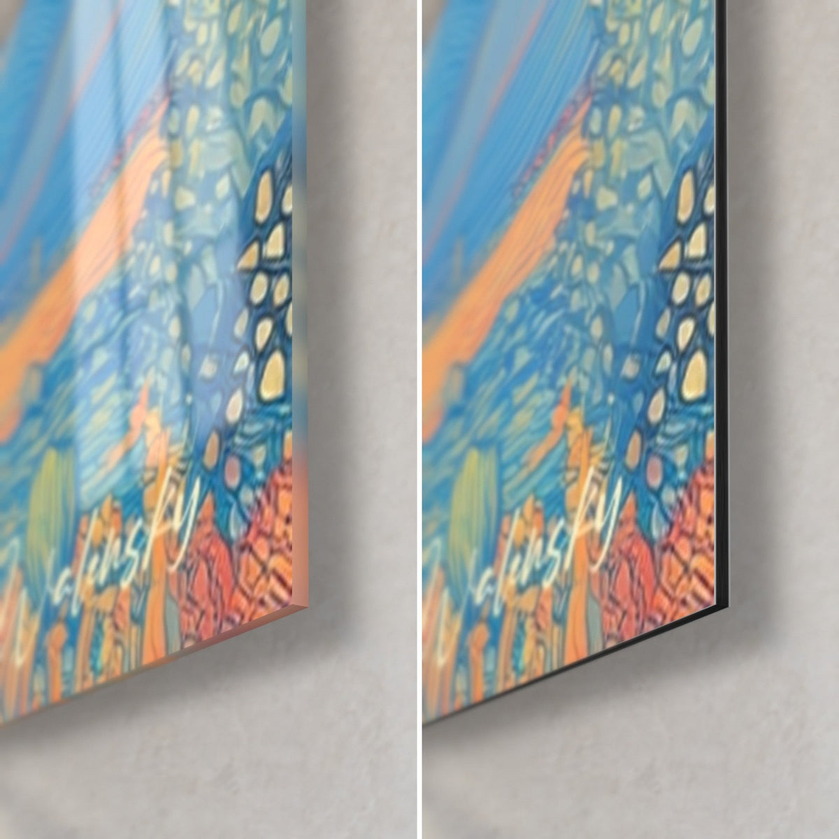 Schilderij sterrenberg, glanzende glazen hoek rechtsonder en mat geborsteld Dibond-aluminium, oranje en turquoise woestijnplanten, dikte 3 mm