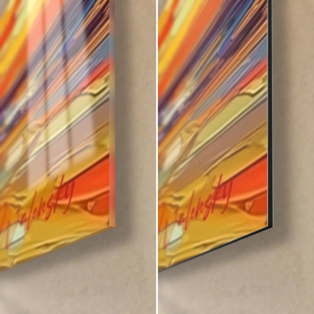 Tableau T-Rex en peinture à la spatule, coin bas droit signé Walensky, orange et jaune, verre brillant à gauche, Dibond mat à droite