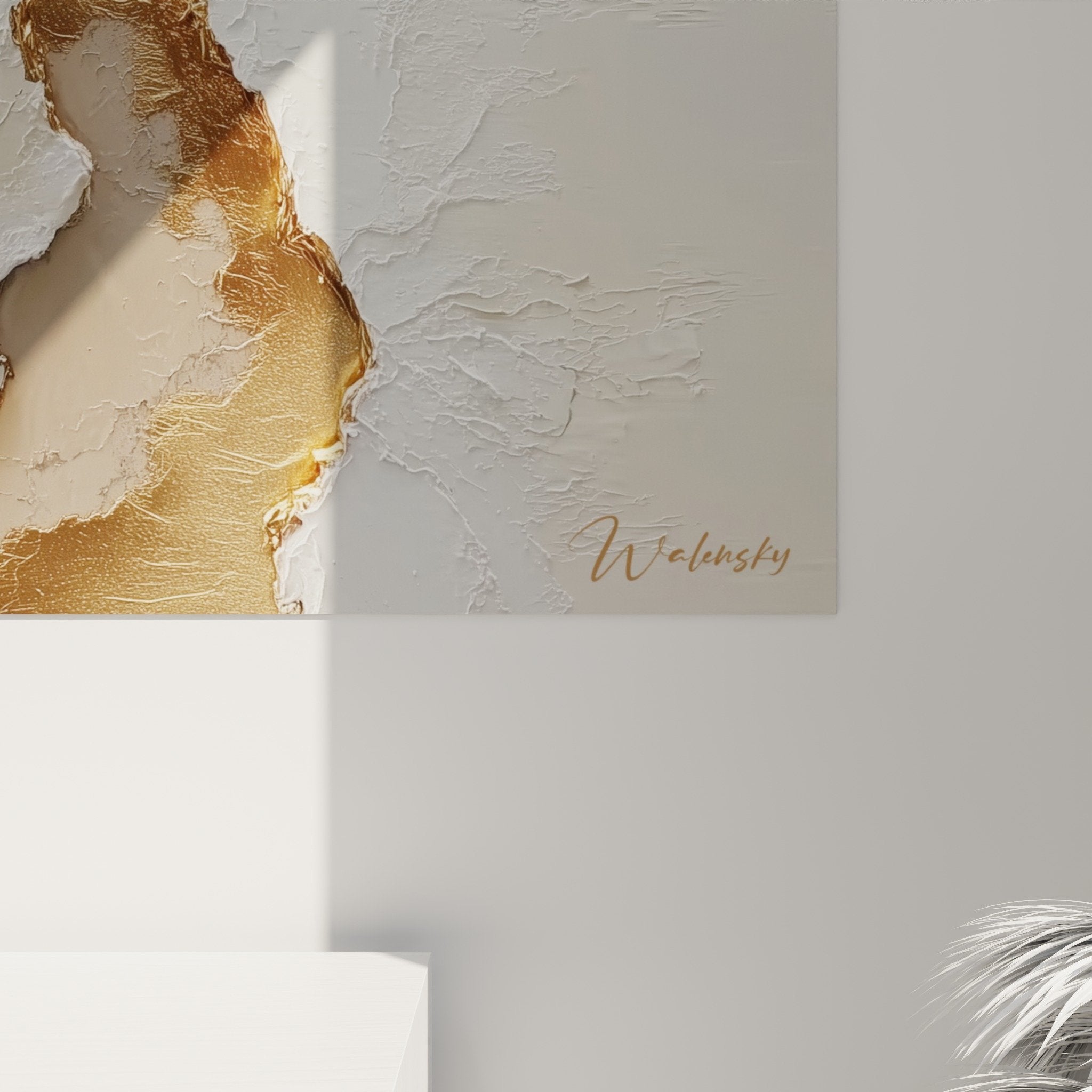 Overview of abstract golden beige artwork, luminous cracks sculpted textured wall contemporary relief