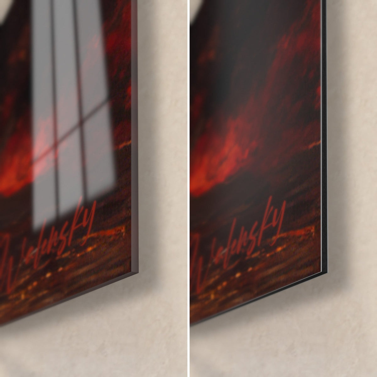 Tableau éruption volcanique, coin bas droit : verre acrylique brillant à gauche, alu Dibond mat noir à droite, tranche de 3 mm