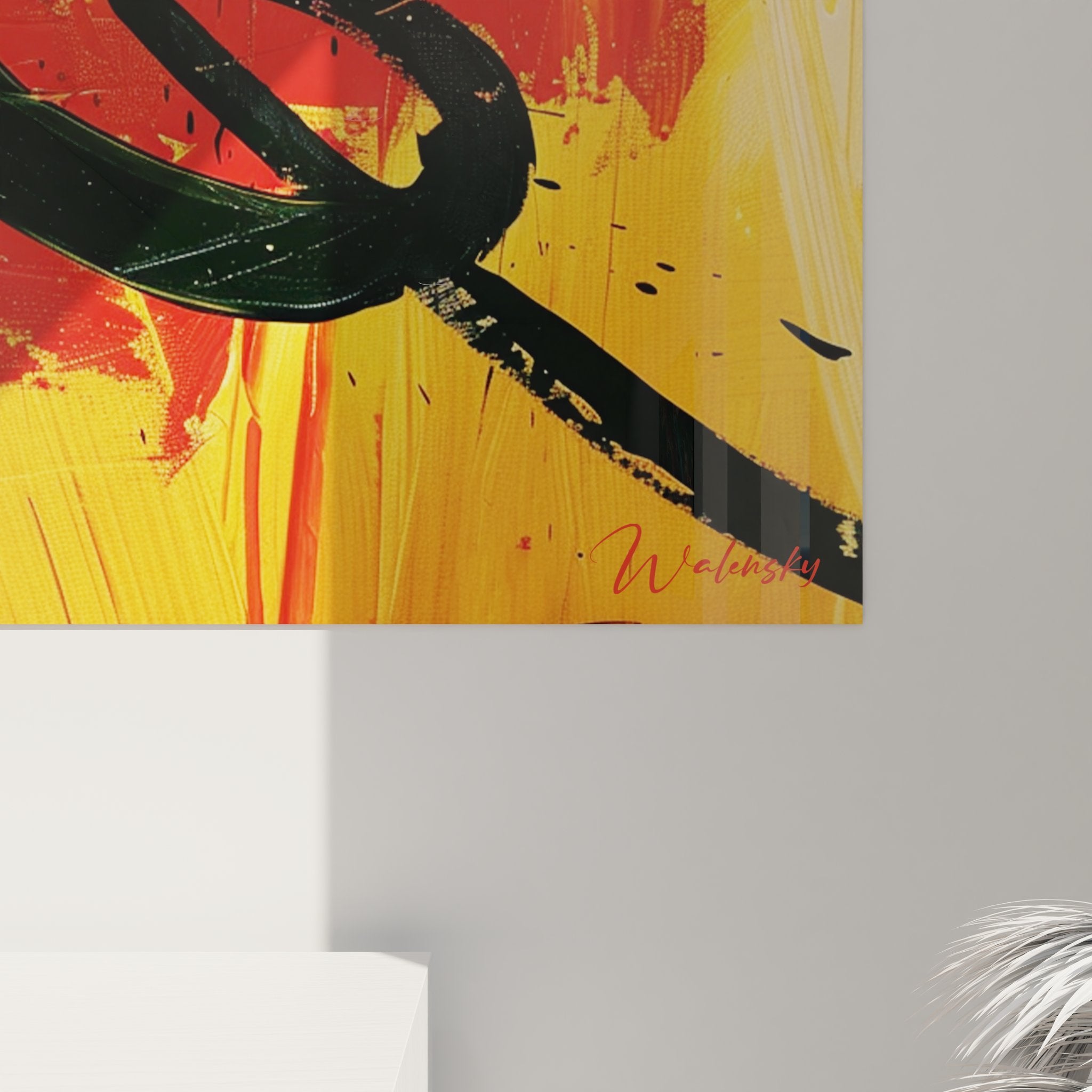 Vue ensemble tableau mural expressionniste abstrait, art contemporain coloré pour décoration intérieure