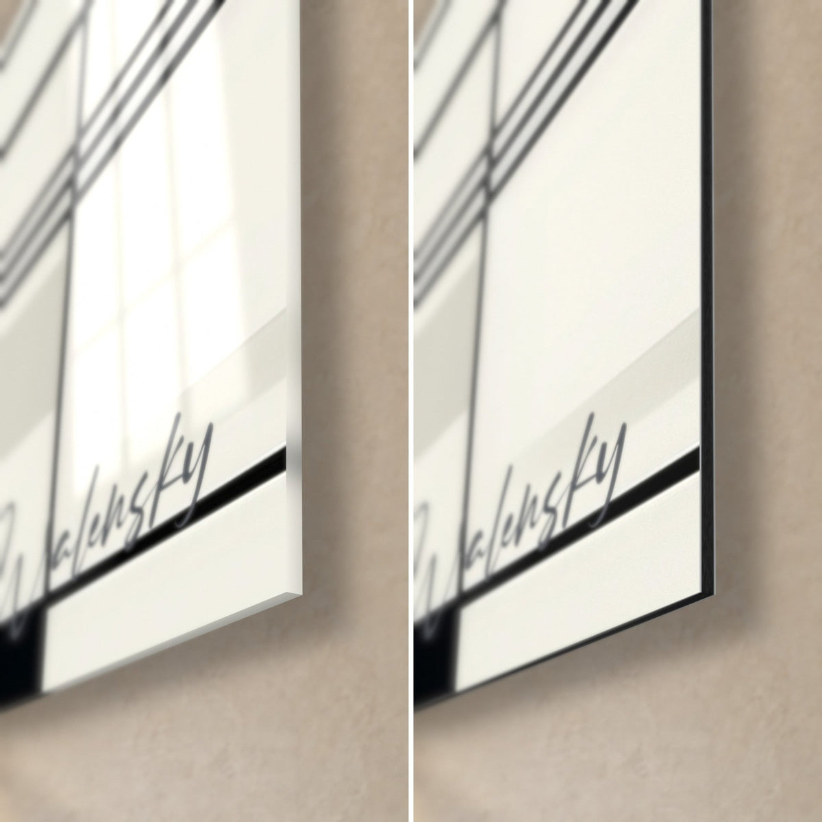 Wall art black line composition, lower right corner, Walensky signature, glossy glass on the left and matte Dibond on the right