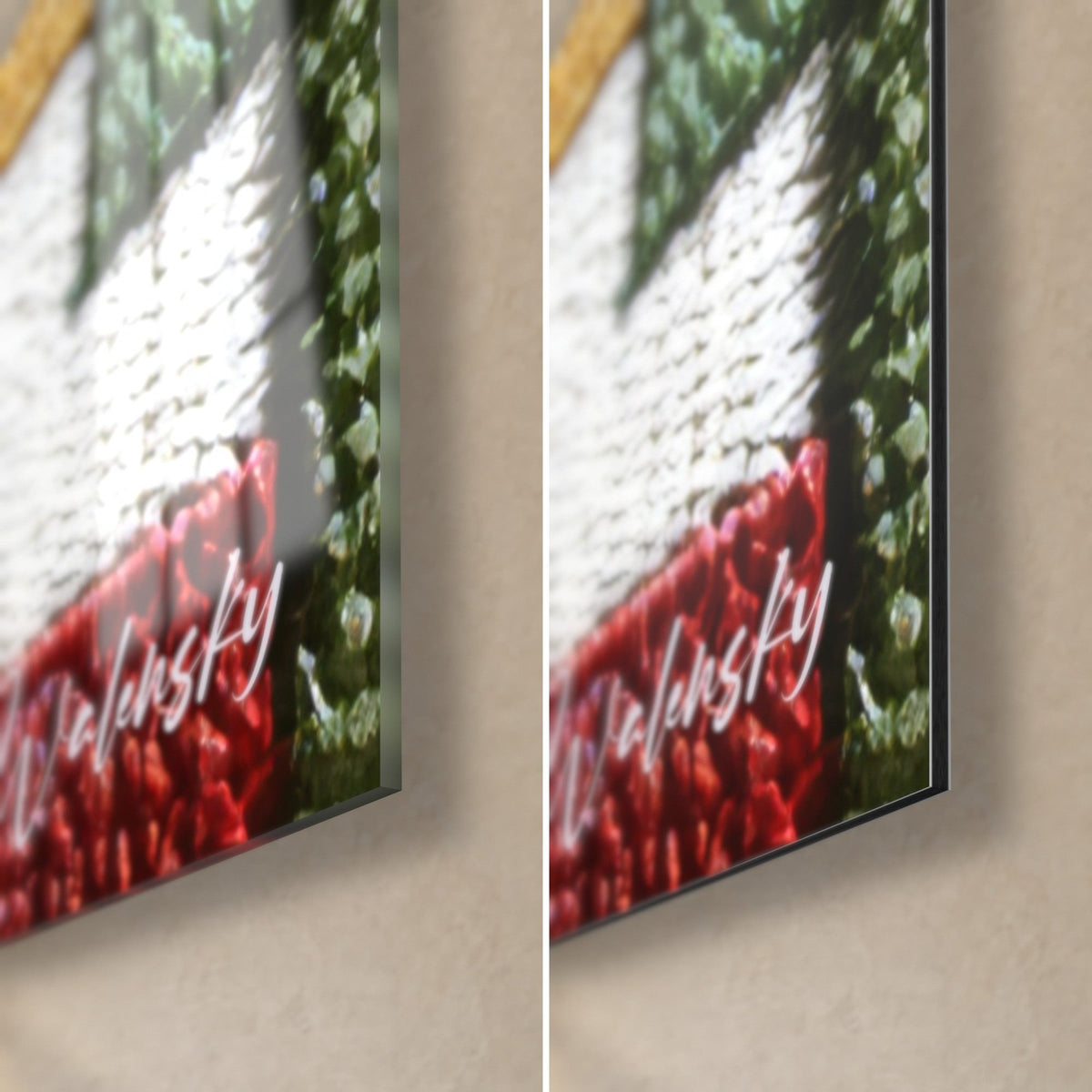Wall art woven pattern in red and white stripes, bottom right corner, glossy glass with reflections and matte Dibond, 3 mm edge visible