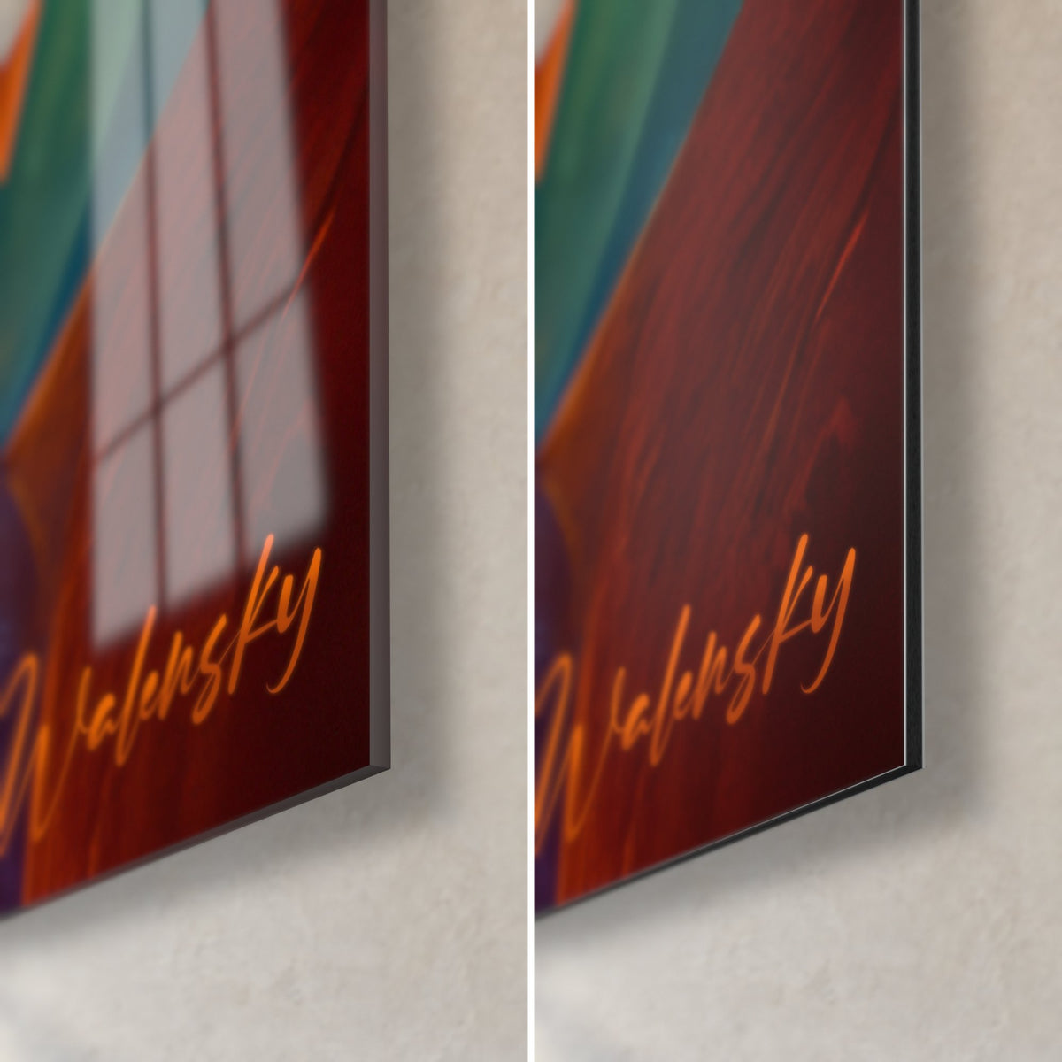 Wall art with orange and blue circular shapes, bottom right corner: glossy acrylic glass on the left, matte Dibond on the right, 3 mm edge