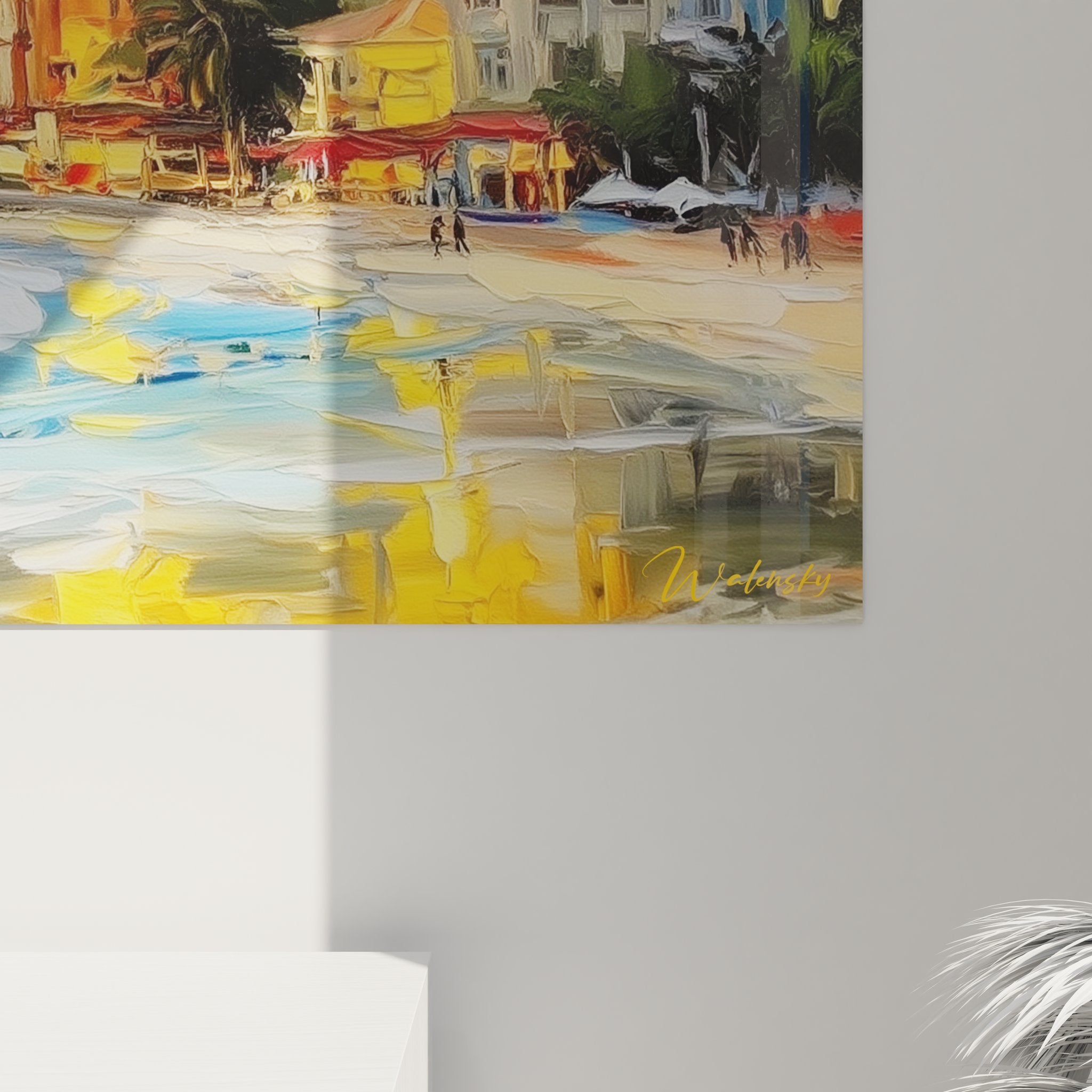 Vue d'ensemble tableau panoramique côte méditerranéenne, art mural plage aux couleurs vives