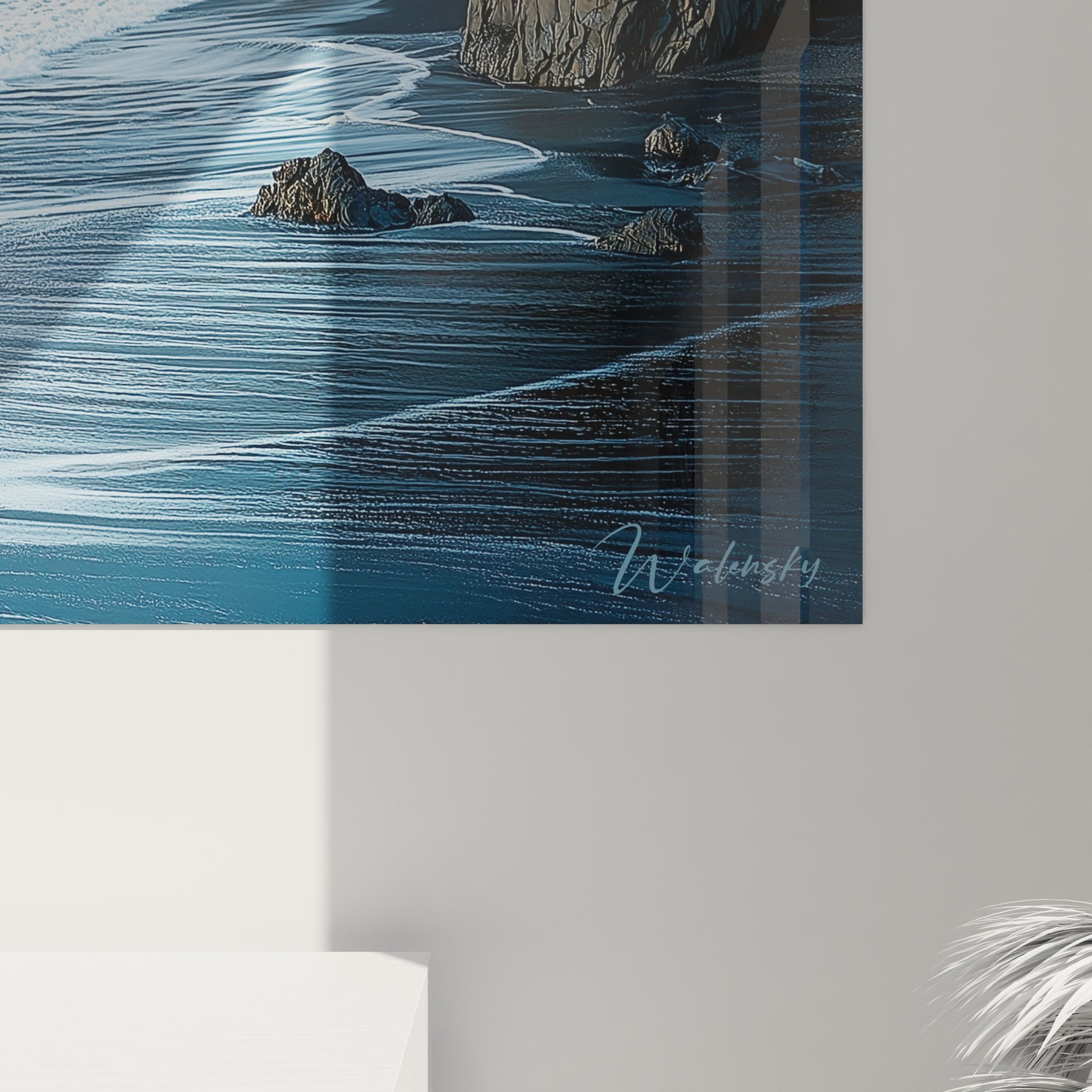 Vue ensemble tableau mural plage islandaise Reynisfjara avec piliers rocheux et océan atlantique