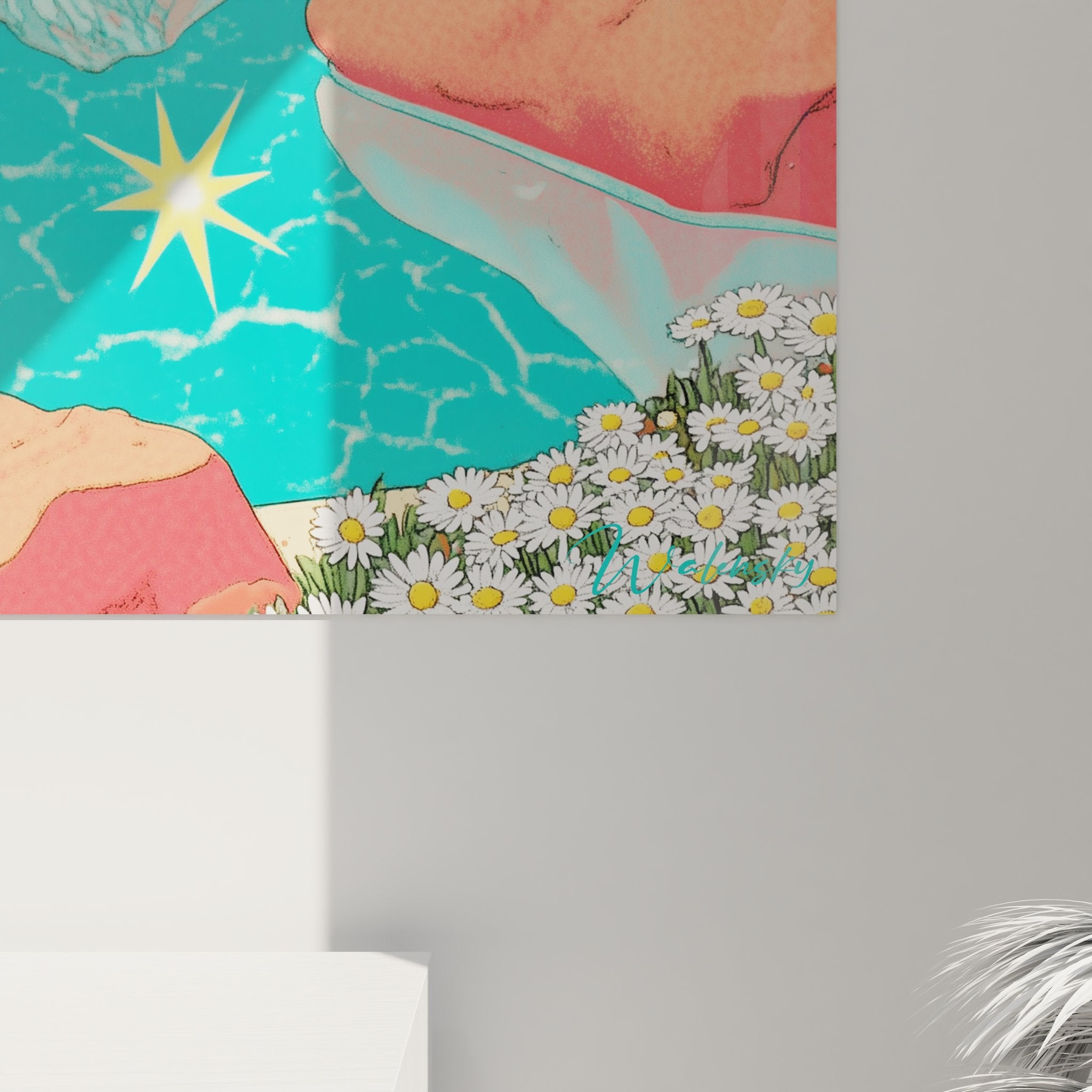 Vue ensemble tableau déco montagne, lac avec reflets et sommets enneigés, art mural contemporain