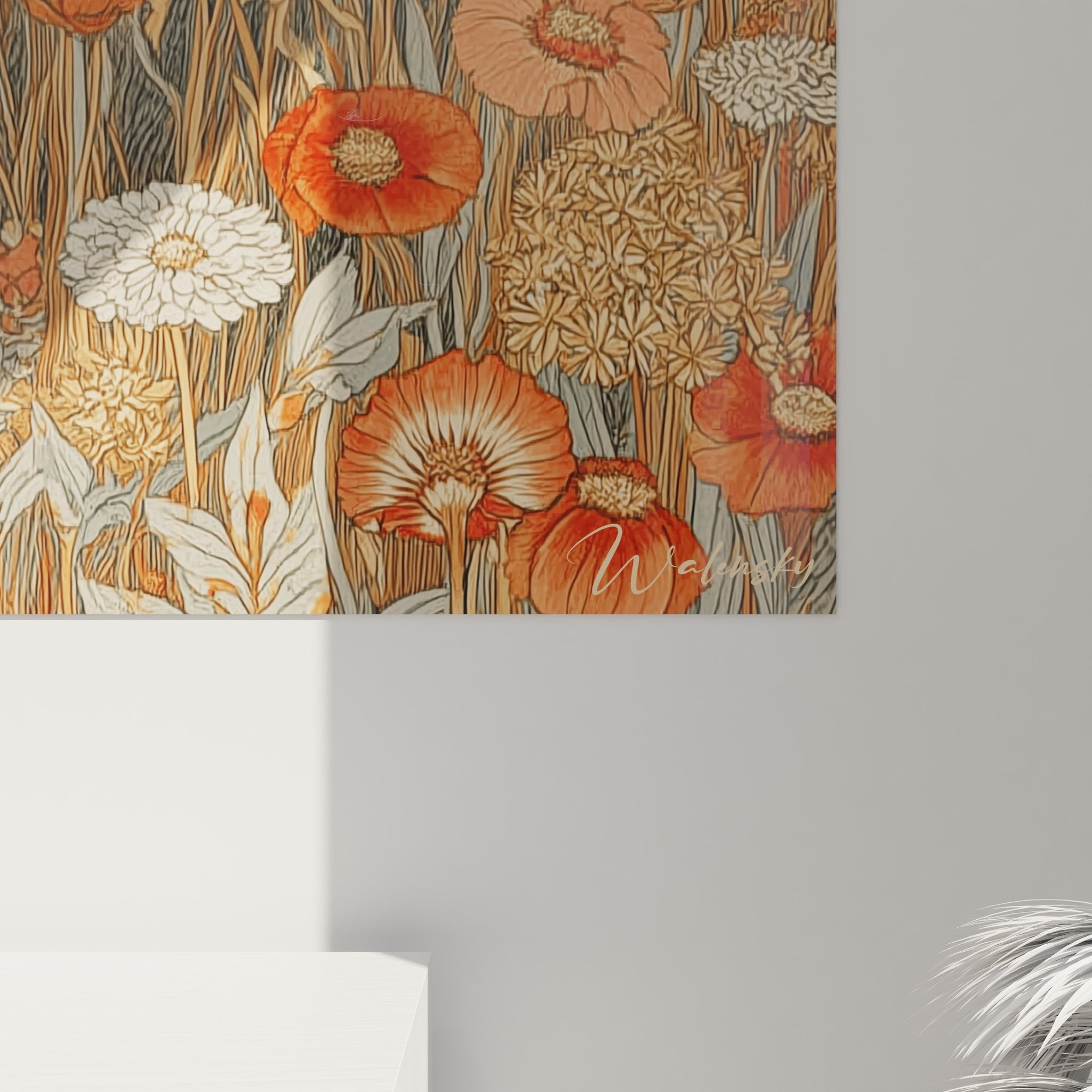 Vue ensemble tableau paysage montagneux fleuri, art mural nature décoratif