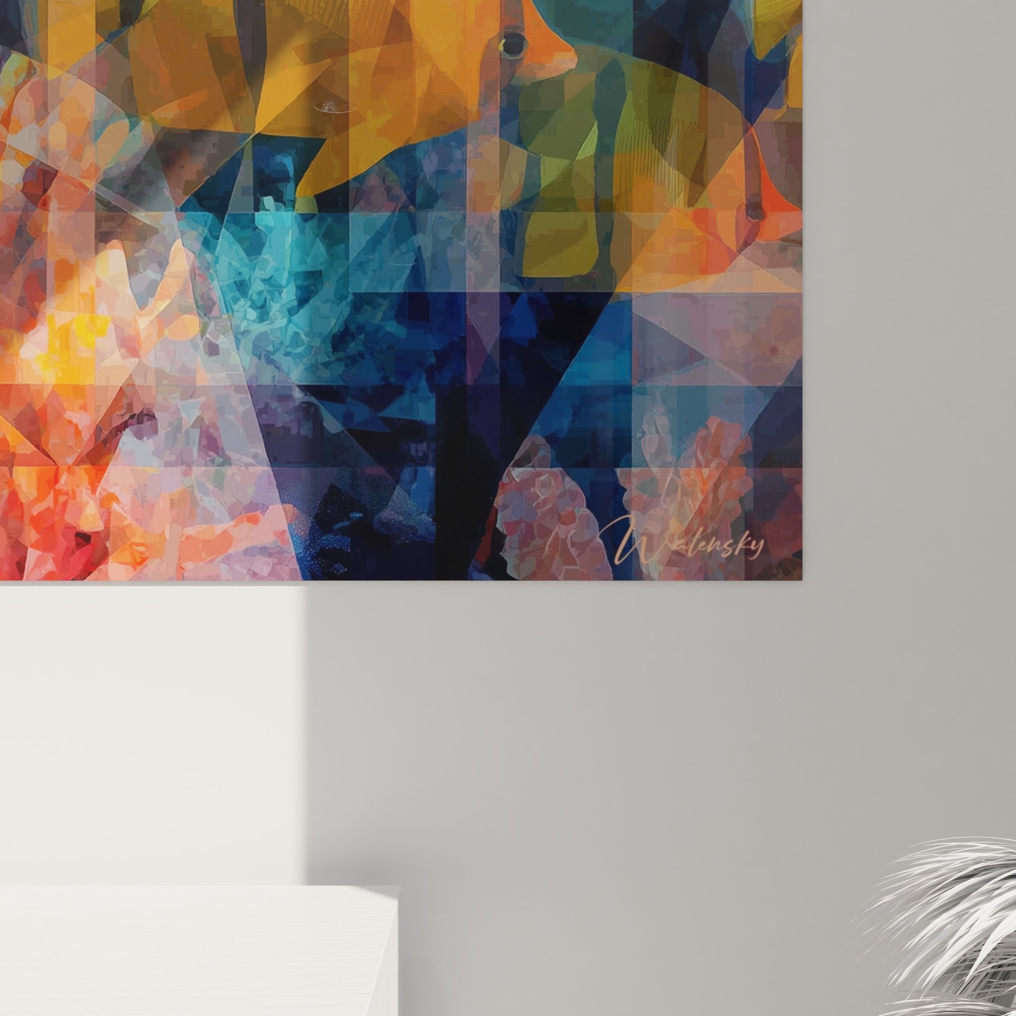 Vue ensemble artwork mural poissons géométriques art contemporain décoration intérieure marine