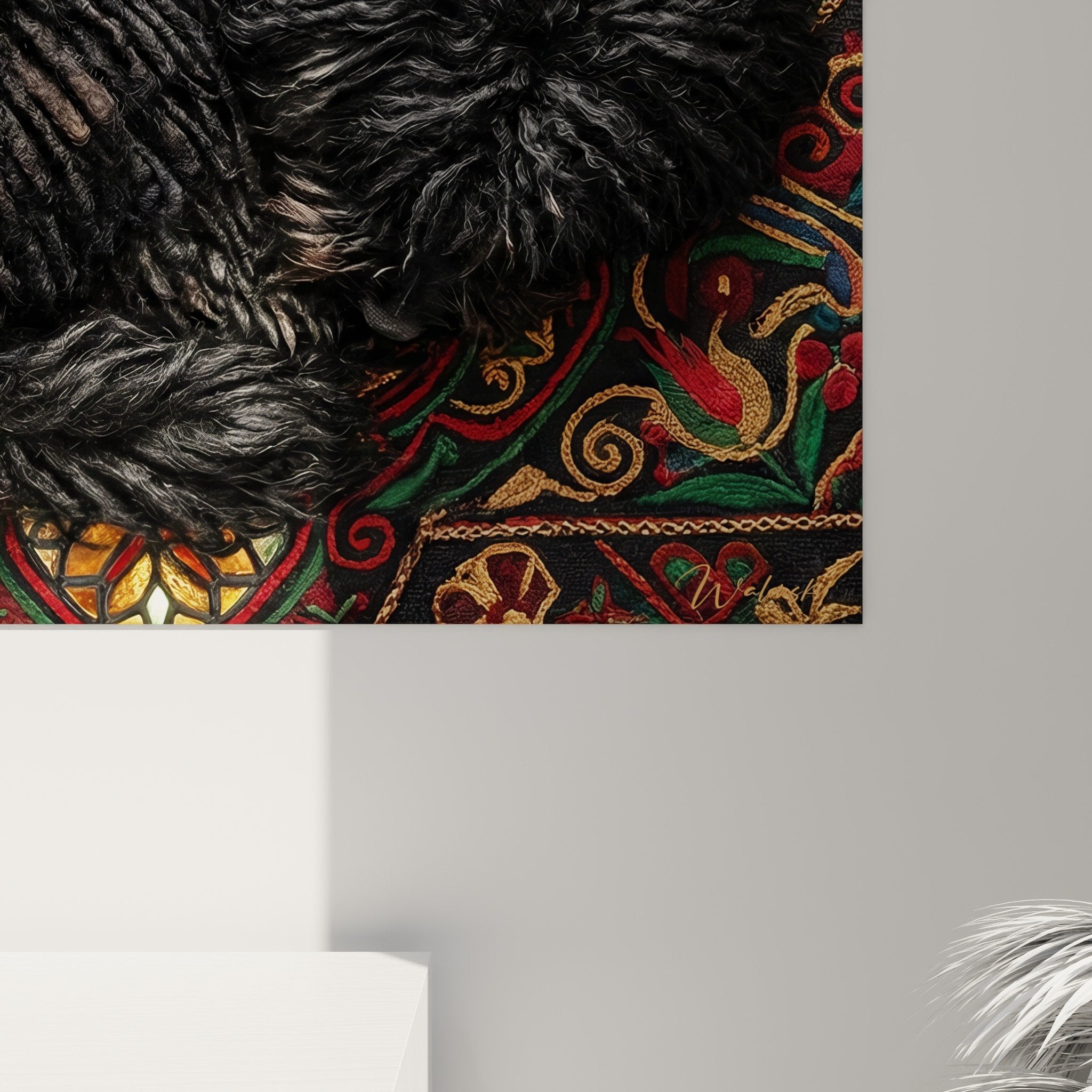 Overview of Puli wall art with natural rope details, artistic composition on colorful arabesque tapestry