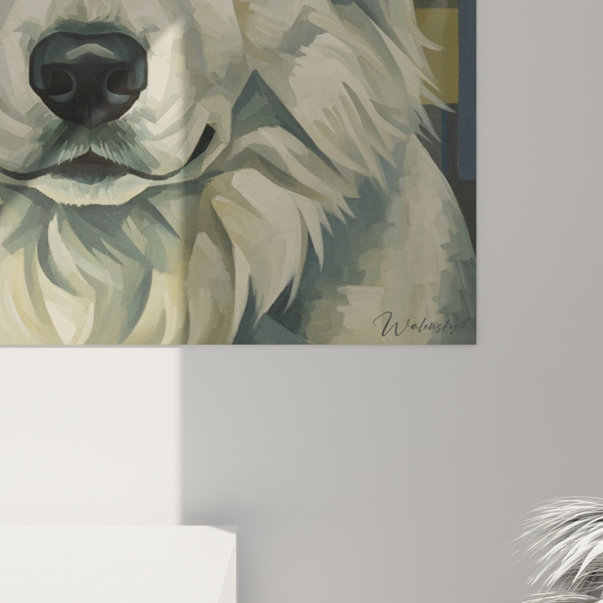 Vue d'ensemble portrait artistique Samoyede blanc style geometrique moderne - decoration murale elegante