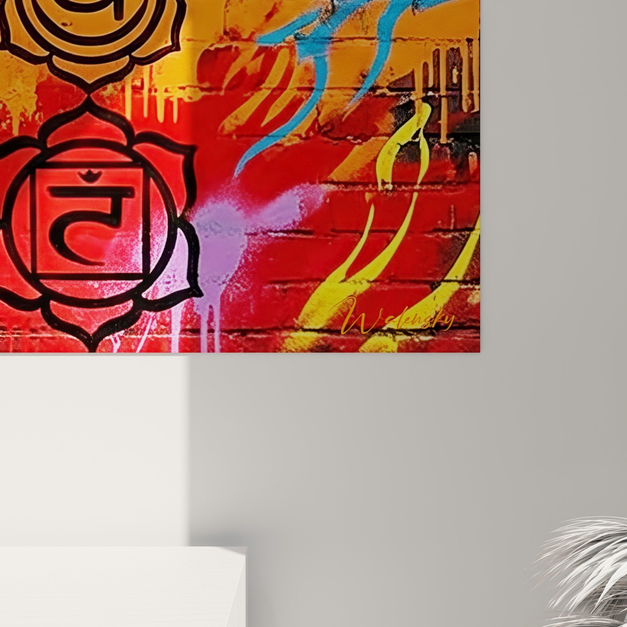 Übersichtsansicht spirituelles Chakra-Kunstwerk im zeitgenössischen Urban-Stil mit fließenden Farbverläufen