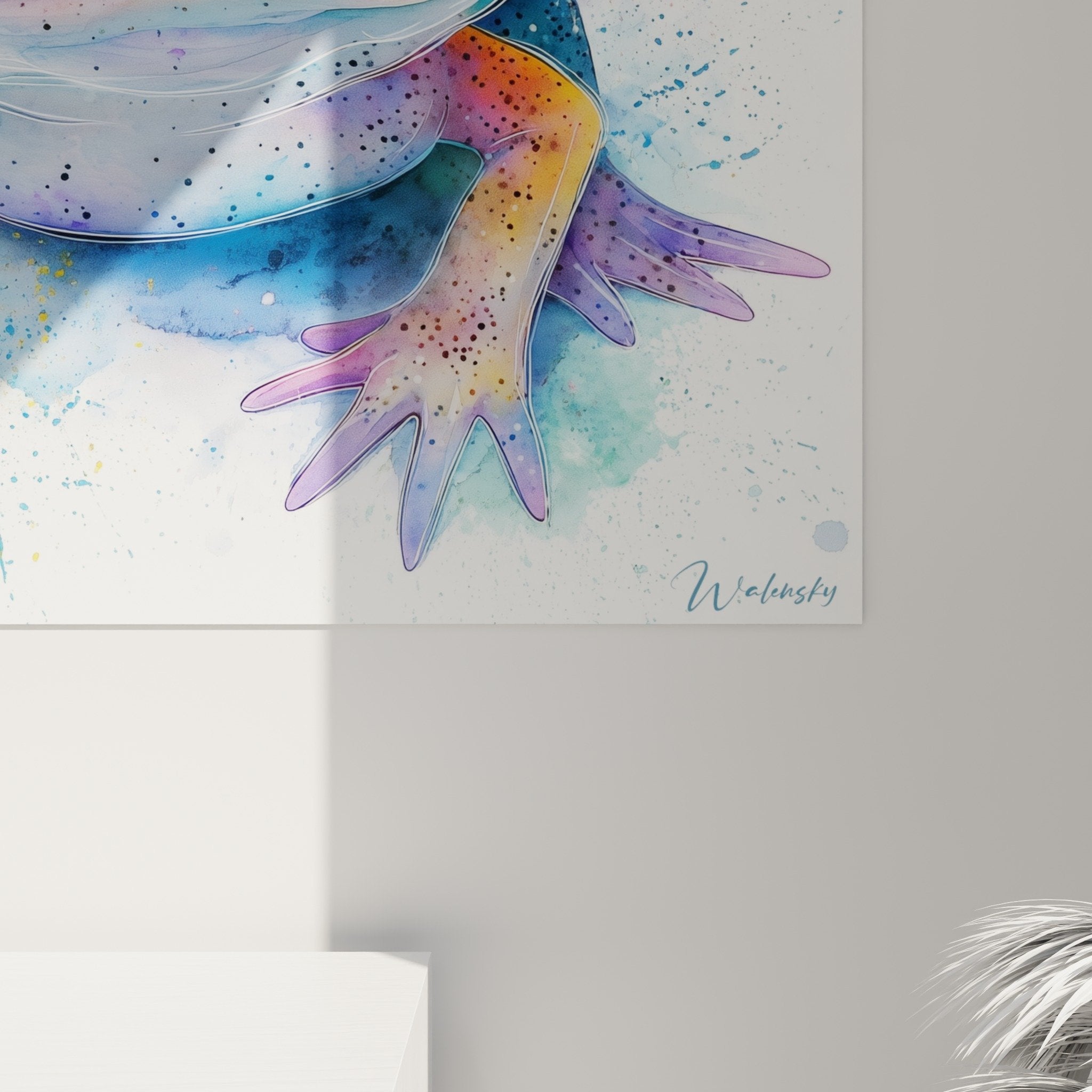 Vue d'ensemble tableau axolotl artistique aux tons bleus turquoise et projections de couleurs
