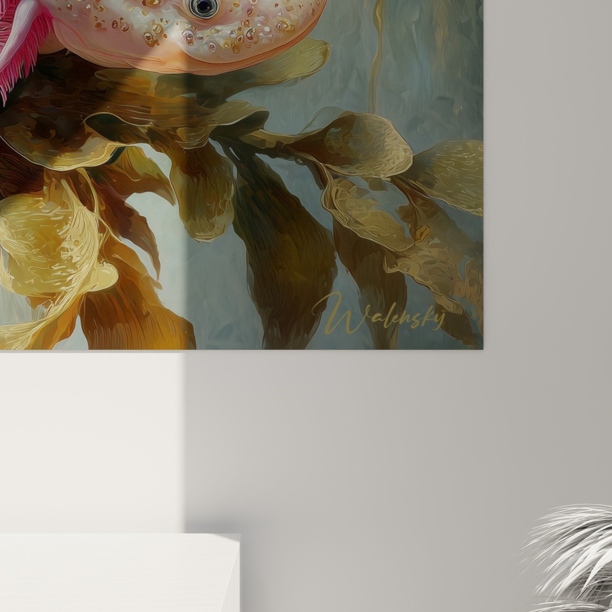 Vue d'ensemble œuvre axolotl rose - composition aquatique aux tons pastel pour décoration murale élégante