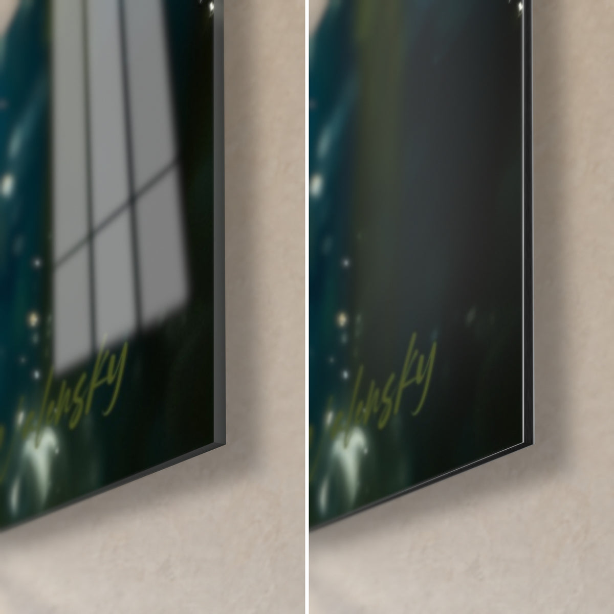 Wall art axolotl with carmine filaments, bottom right corner: glossy acrylic glass and reflections on the left, matte black Dibond on the right