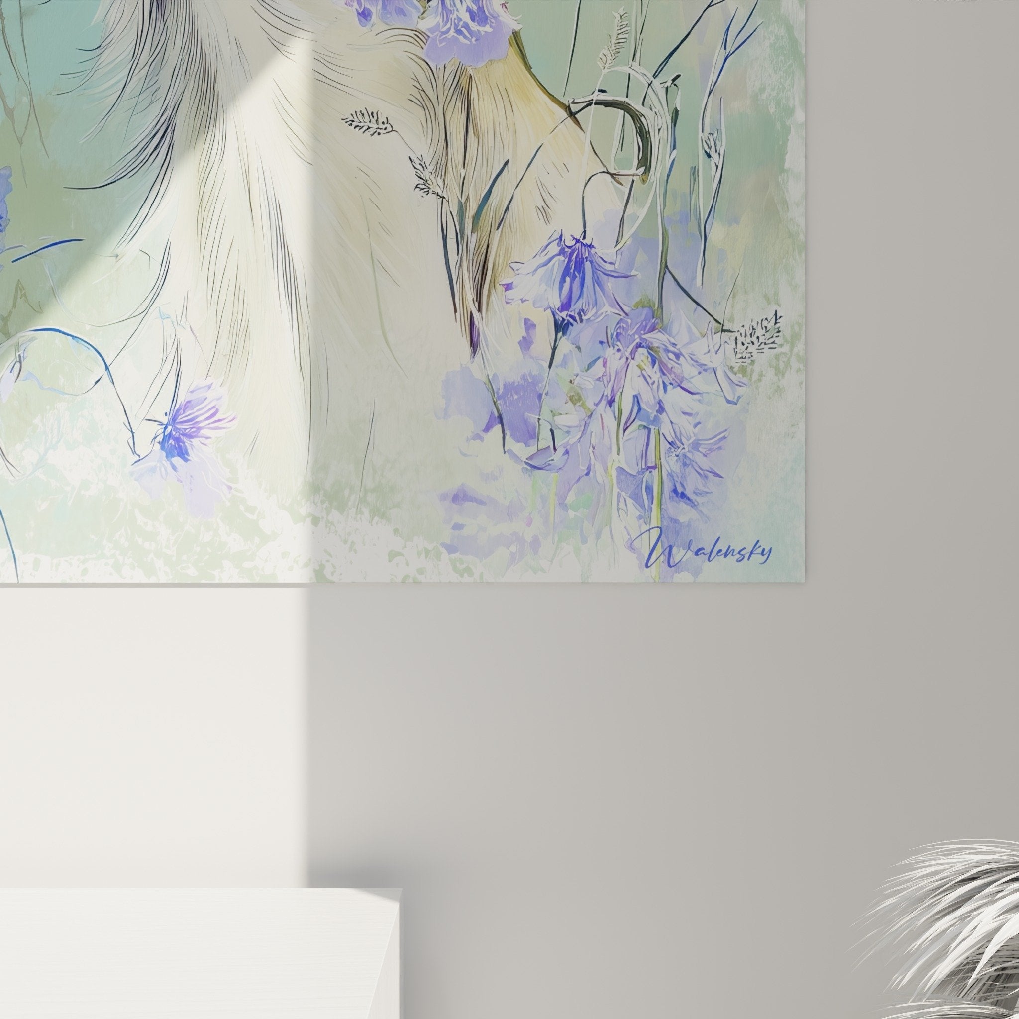 Vue d'ensemble portrait Barzoi style aquarelle, composition florale bleue, ambiance poétique et sereine