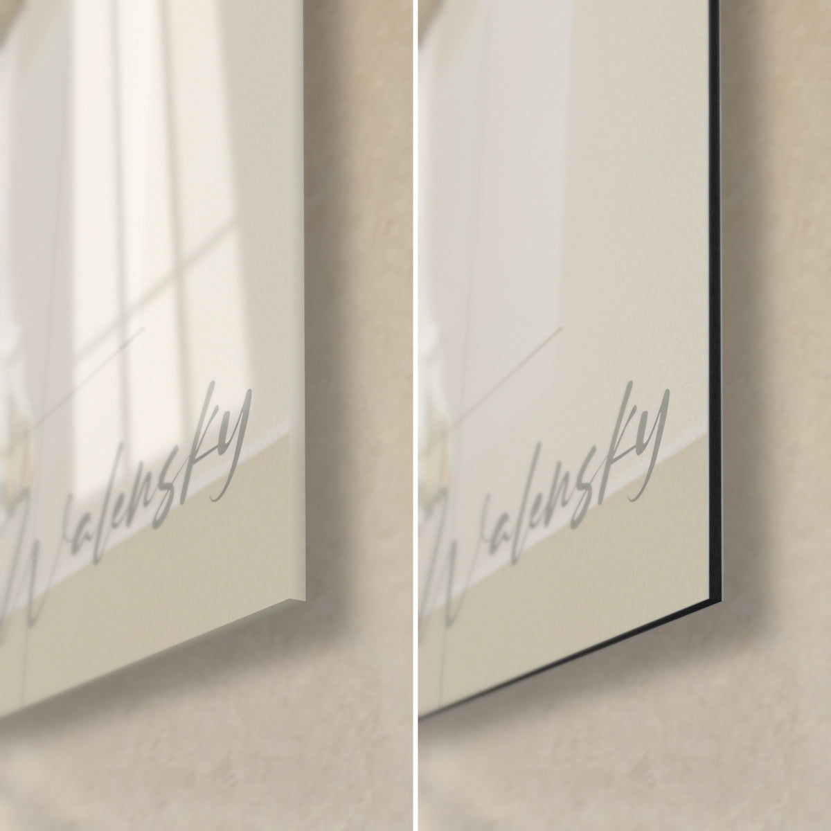 Quadro di un levriero russo in crema e ocra, firma in basso a destra Walensky, vetro acrilico lucido a sinistra, Dibond nero opaco a destra