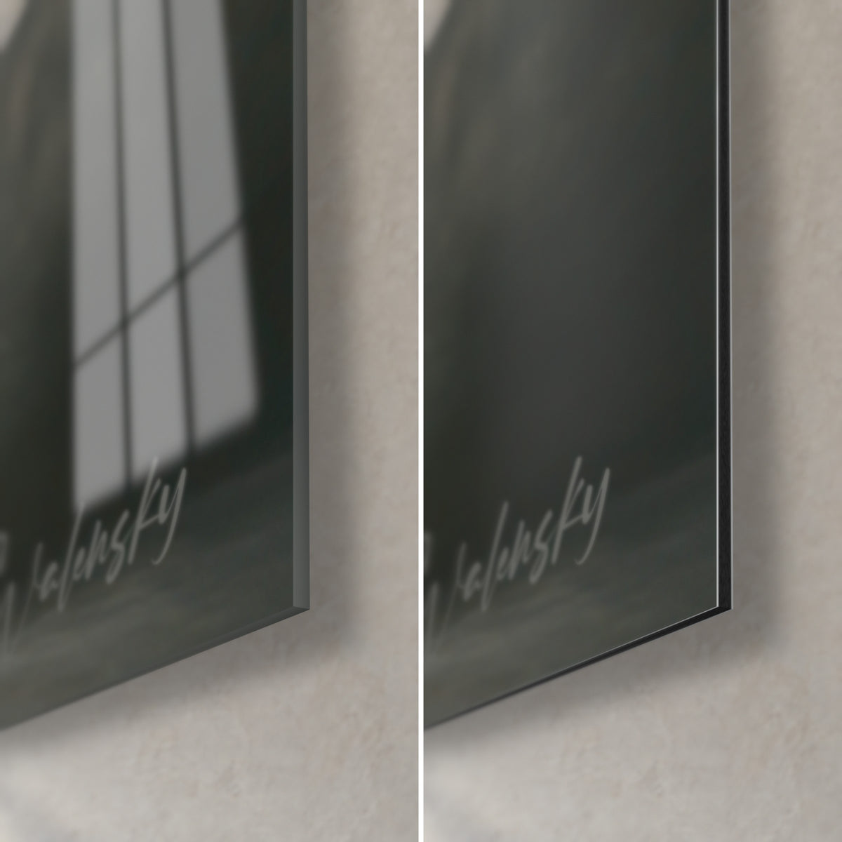 Schilderij crèmekleurige barzoi, rechtsonder: glanzend acrylglas links, mat Dibond-aluminium rechts, zwarte rand van 3 mm