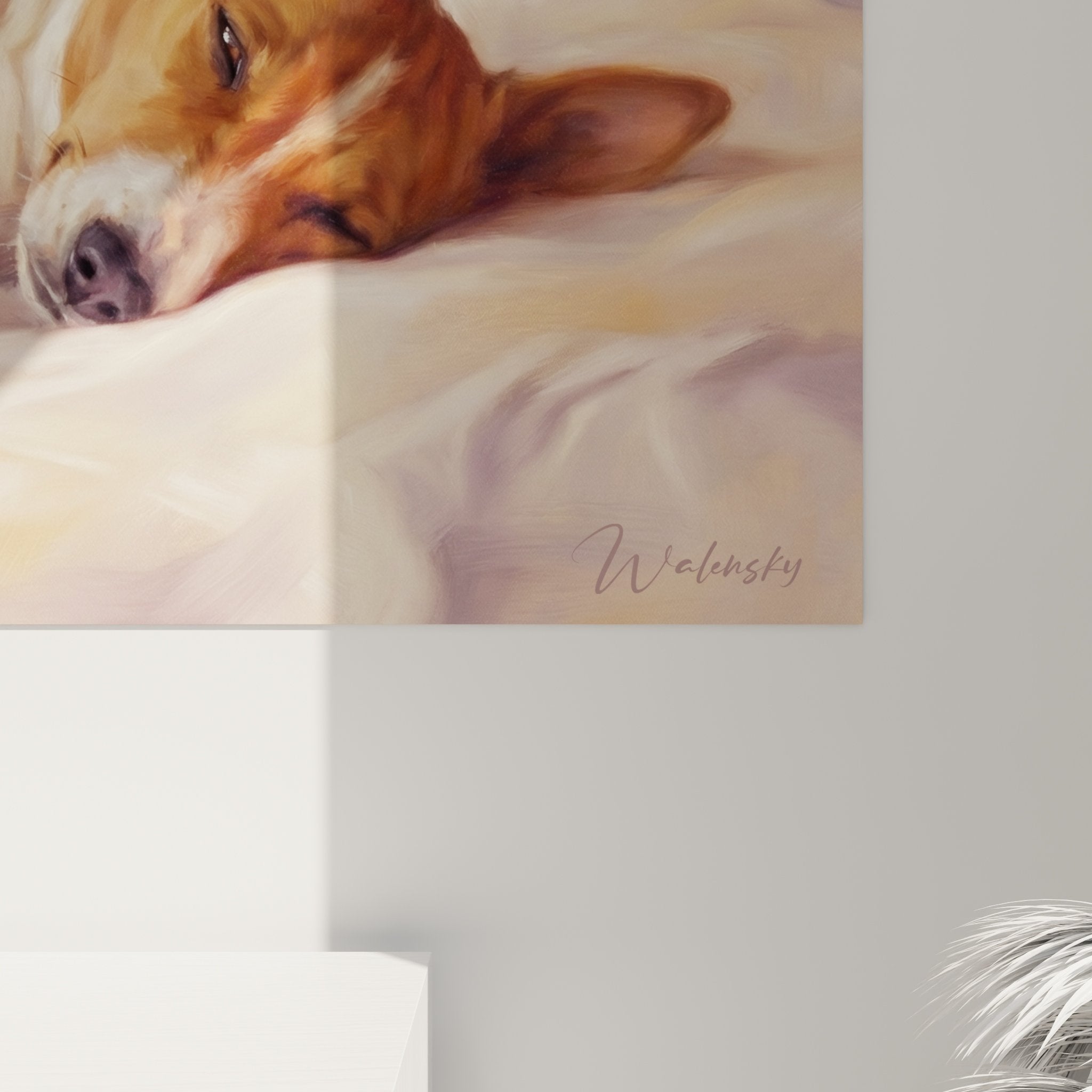 Vue d'ensemble du tableau Basenji rêvant d'antilopes dans salon contemporain avec palette chromatique chaleureuse