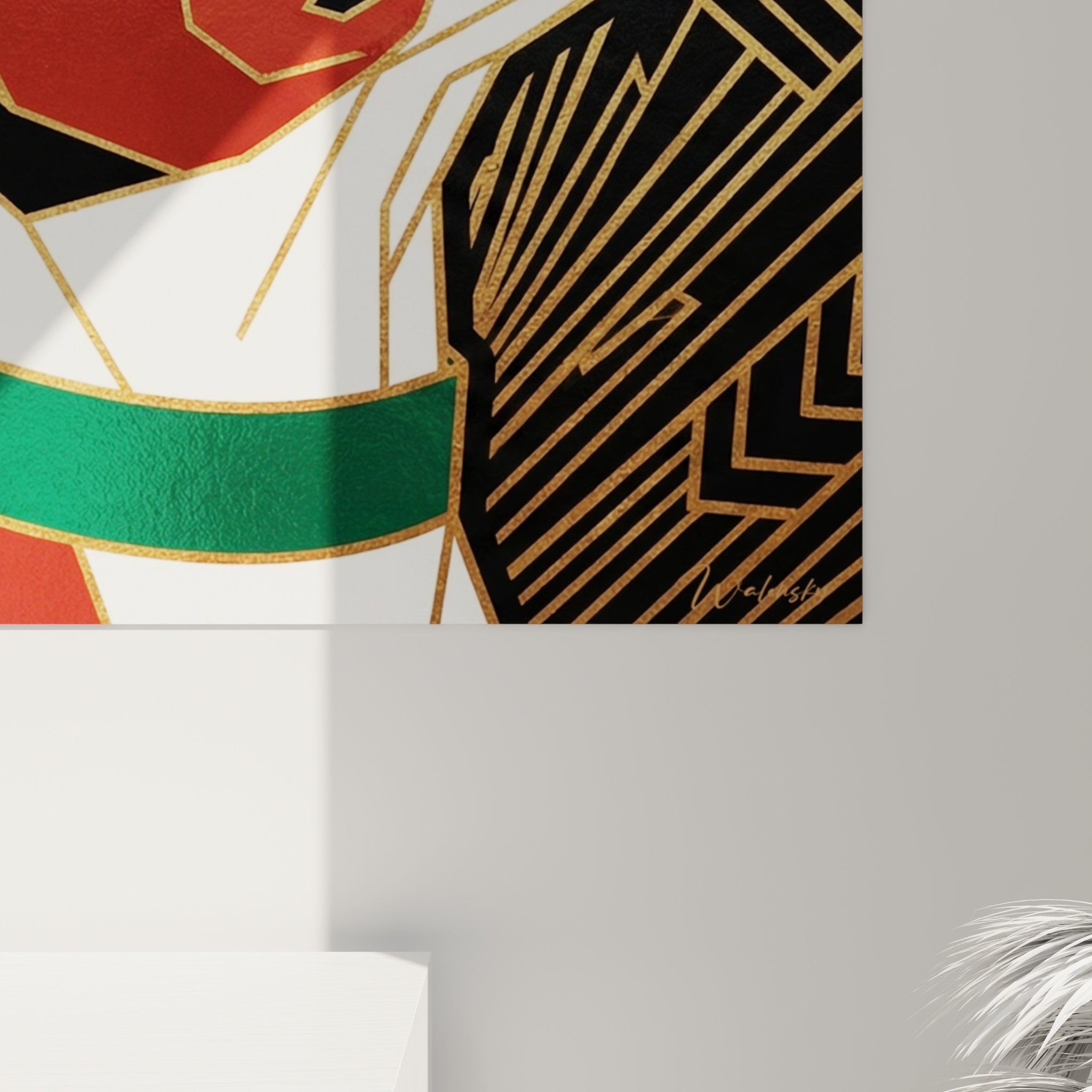 Vista d'insieme quadro ritratto Basenji Art Déco motivi raggianti dorati composizione geometrica moderna