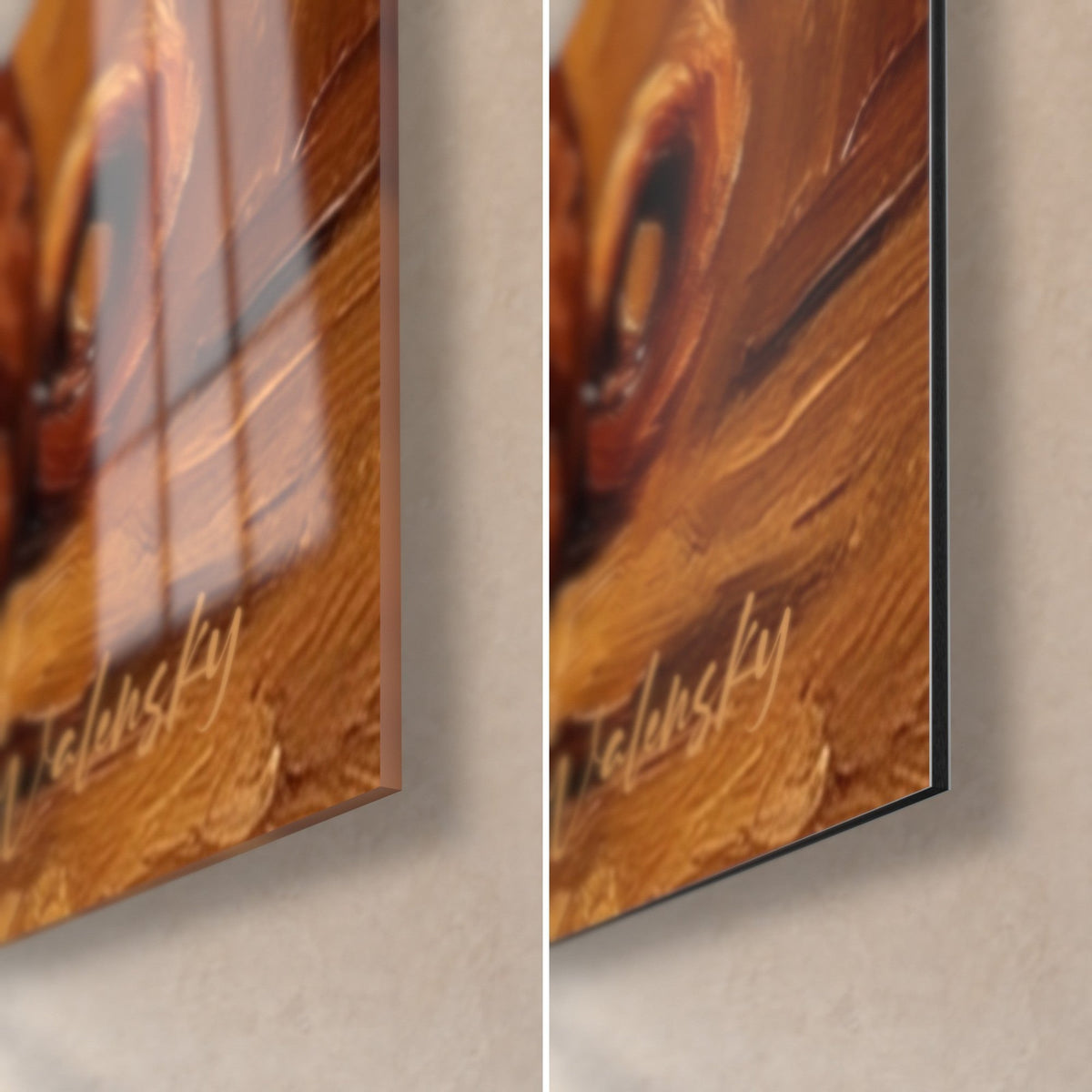 Gemälde mit einem rotbraunen Basenji und einem goldenen antiken Relief, untere rechte Ecke: glänzendes Acrylglas mit Reflexen links, mattschwarzes Dibond-Alu rechts