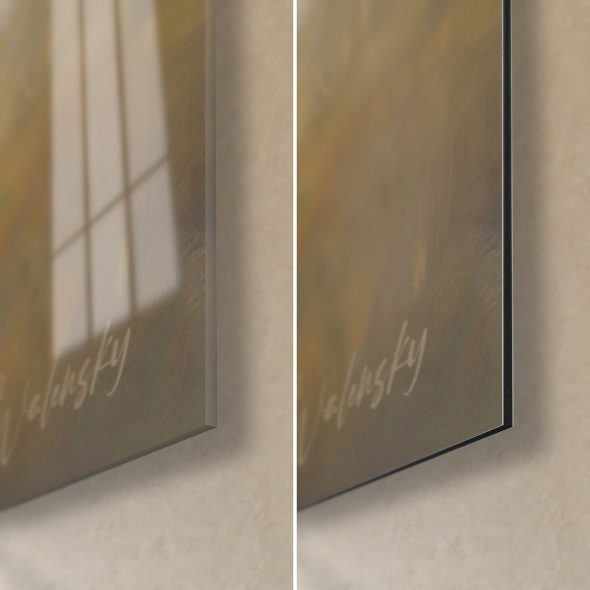 Gemälde Rostrote Hunde im Dunst, untere rechte Ecke: glänzendes Acrylglas links, matte Dibond-Aluminium rechts, 3 mm Kante