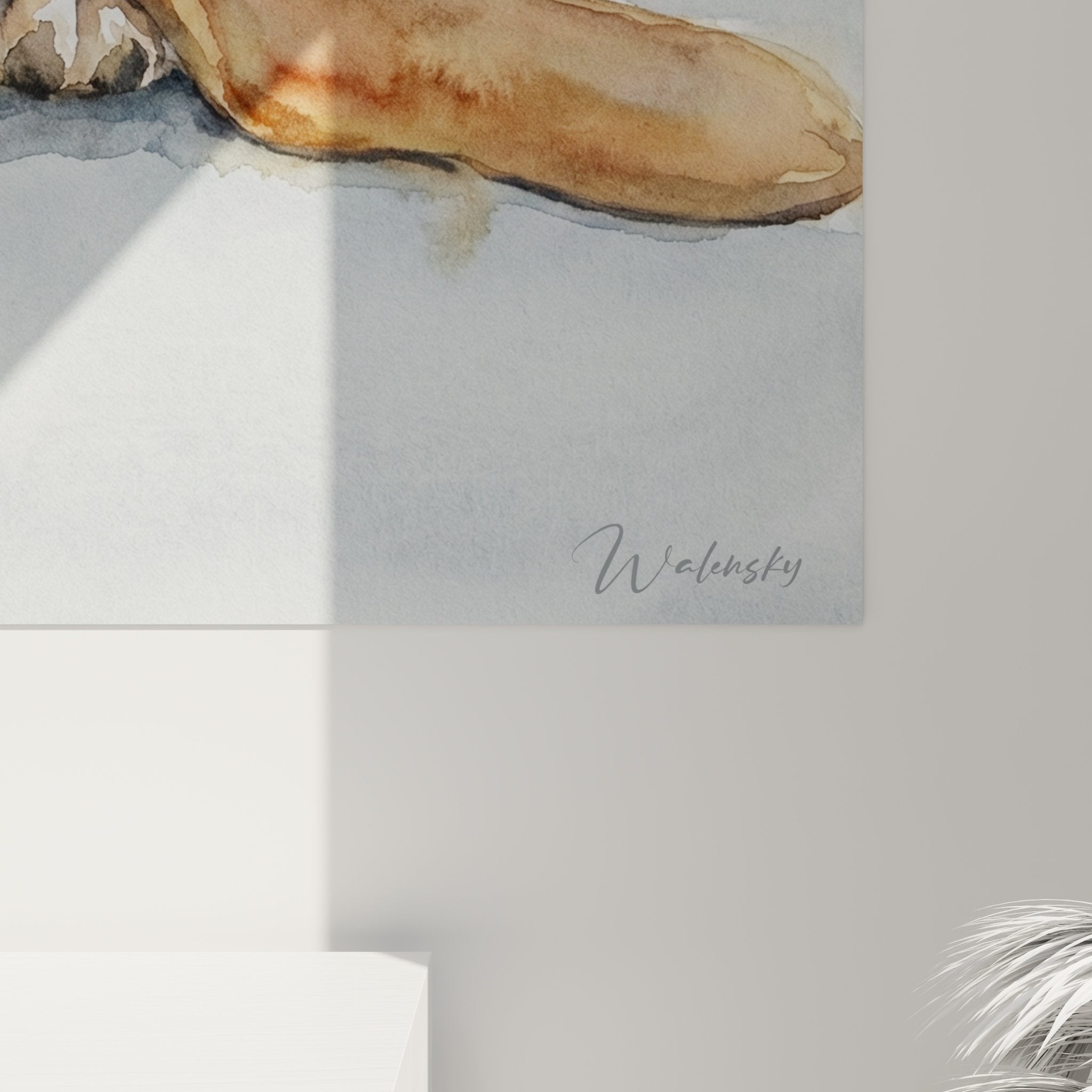 Vue d'ensemble aquarelle Basset Hound paisible, palette chromatique terre et beige sur fond neutre