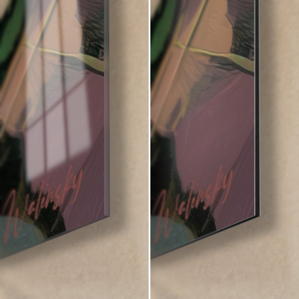 Wall art pale pink lotus on dark water, bottom right corner: glossy acrylic glass on the left, matte Dibond aluminium on the right, 3 mm edge