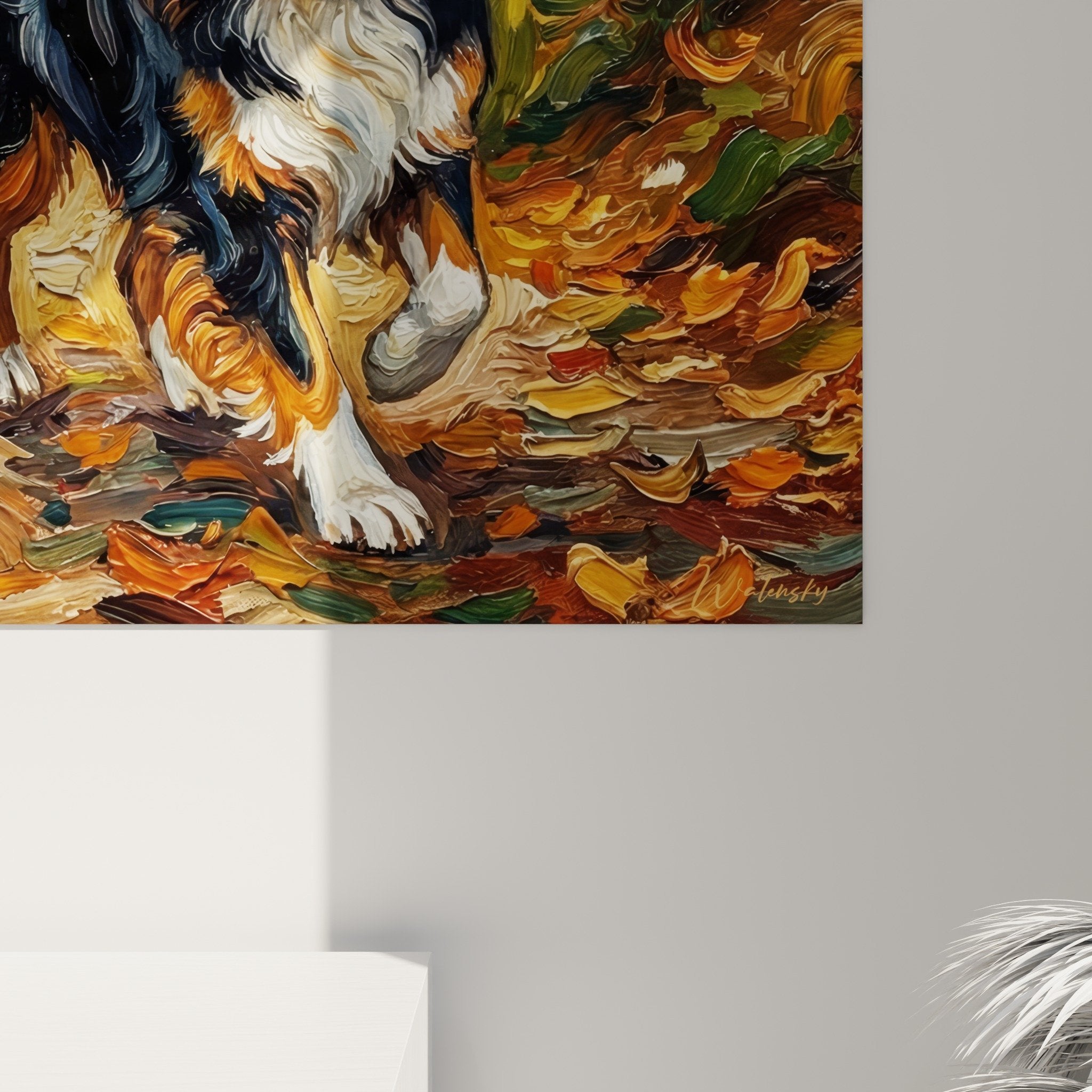 Vista d'insieme quadro Pastore Americano in Miniatura foresta dorata, opera murale stile impressionista soggiorno moderno