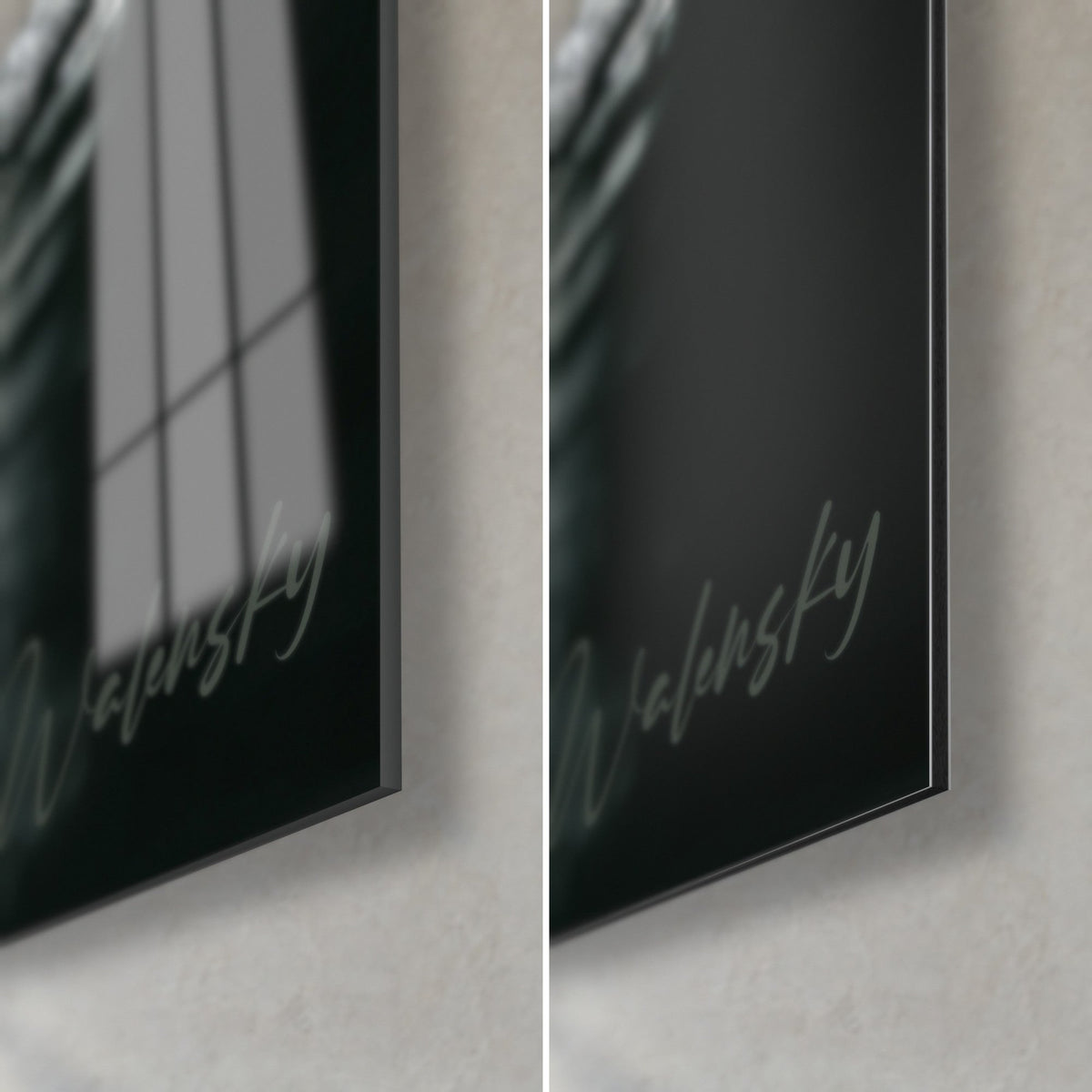 Gemälde Weißer Flussw olf, untere rechte Ecke: glänzendes Acrylglas, das das Fenster spiegelt, mattschwarzes Dibond-Aluminium, 3 mm Kantenstärke