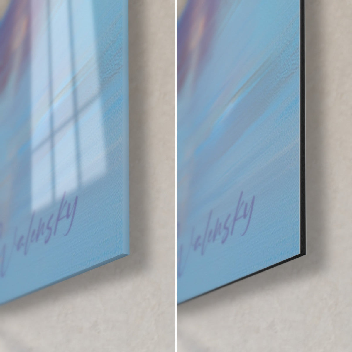 Wall art of a White Swiss Shepherd painted in blue and lilac brushstrokes, bottom right corner: glossy glass on the left, matte black Dibond on the right