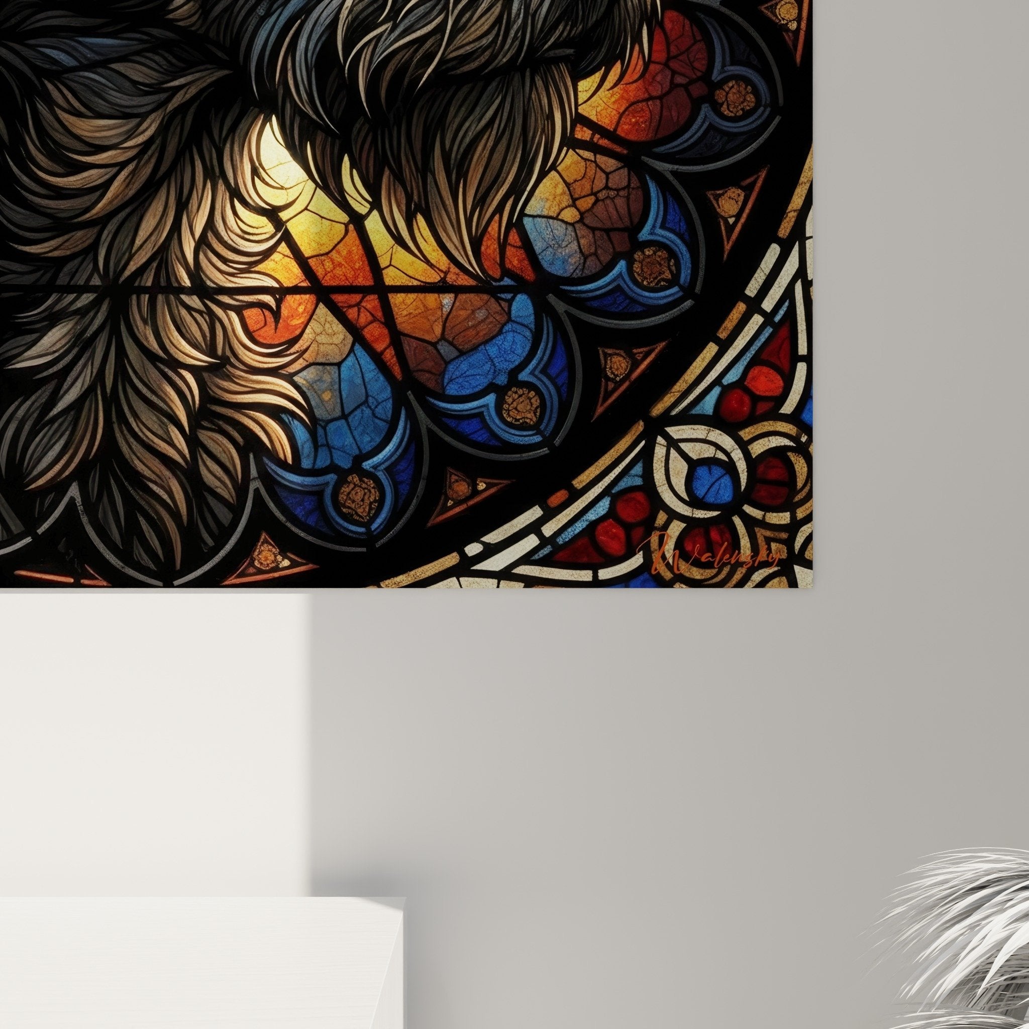Overview of Berger Picard stained glass artwork with colorful geometric patterns in blue and orange tones