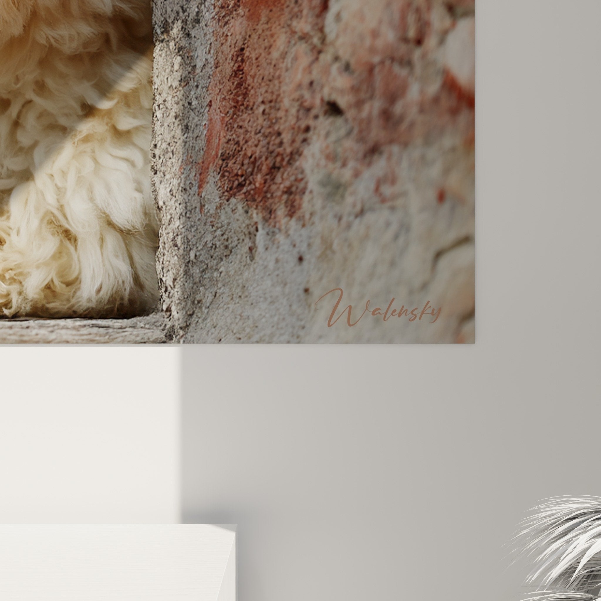 Vue ensemble tableau Bichon Havanais salon decoration murale chiot pierre patinee style naturel