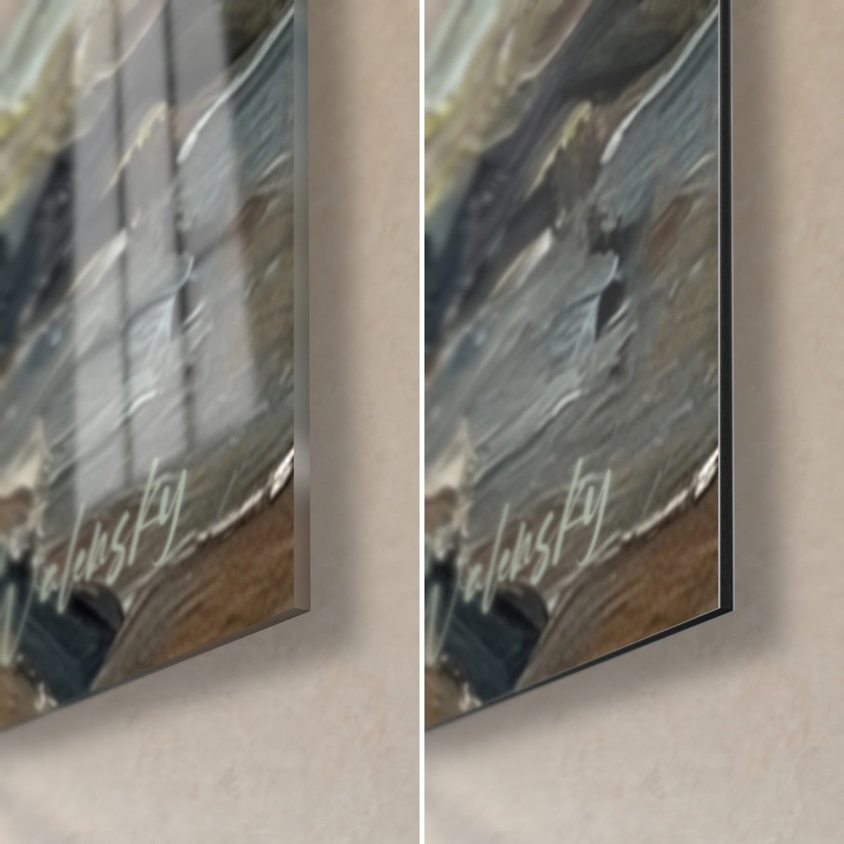 Tableau bichon maltais en peinture épaisse, coin bas droit : verre acrylique brillant aux reflets et alu Dibond mat gris, tranche de 3 mm
