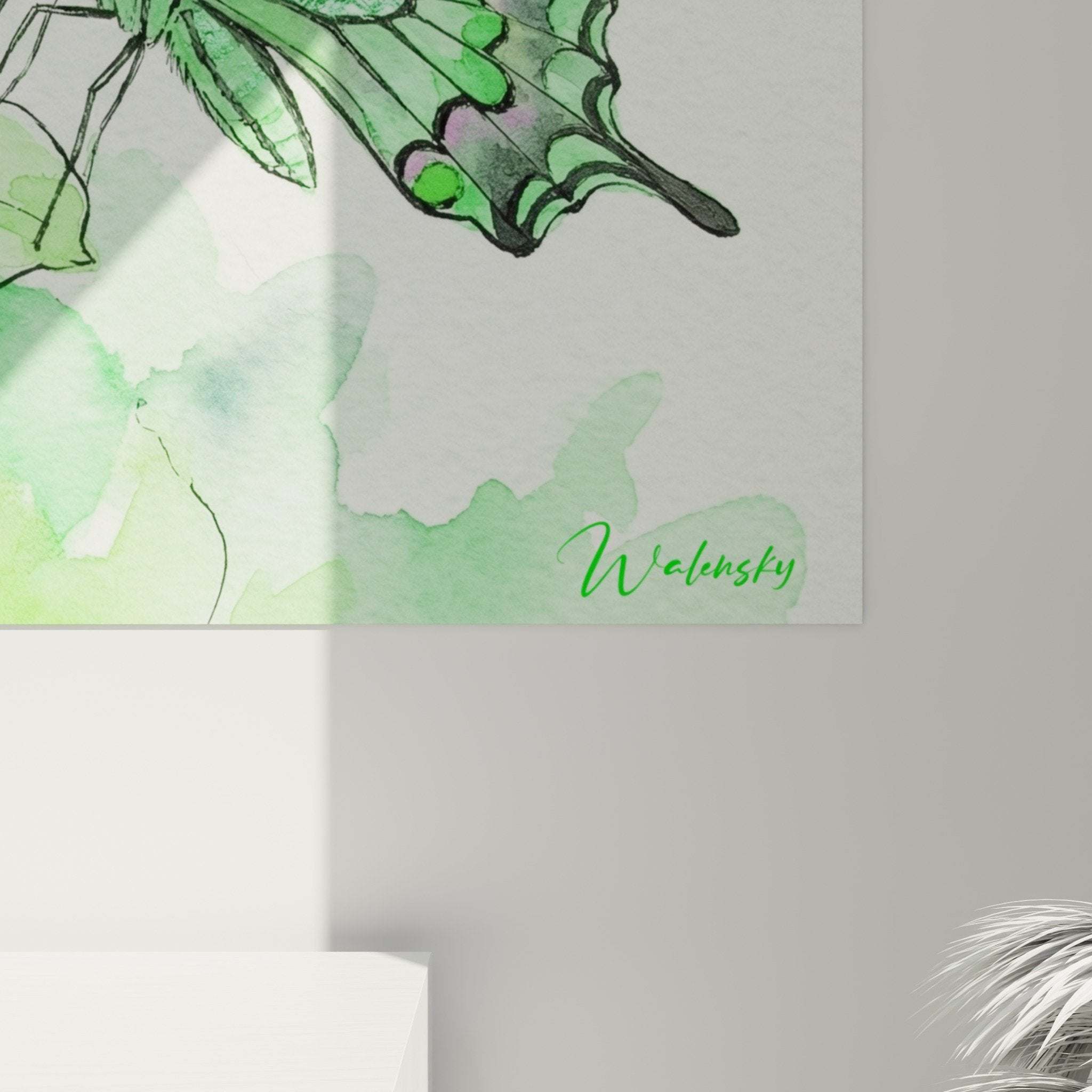 Bonsai watercolor painting overview, harmonious green composition, Japanese wall art