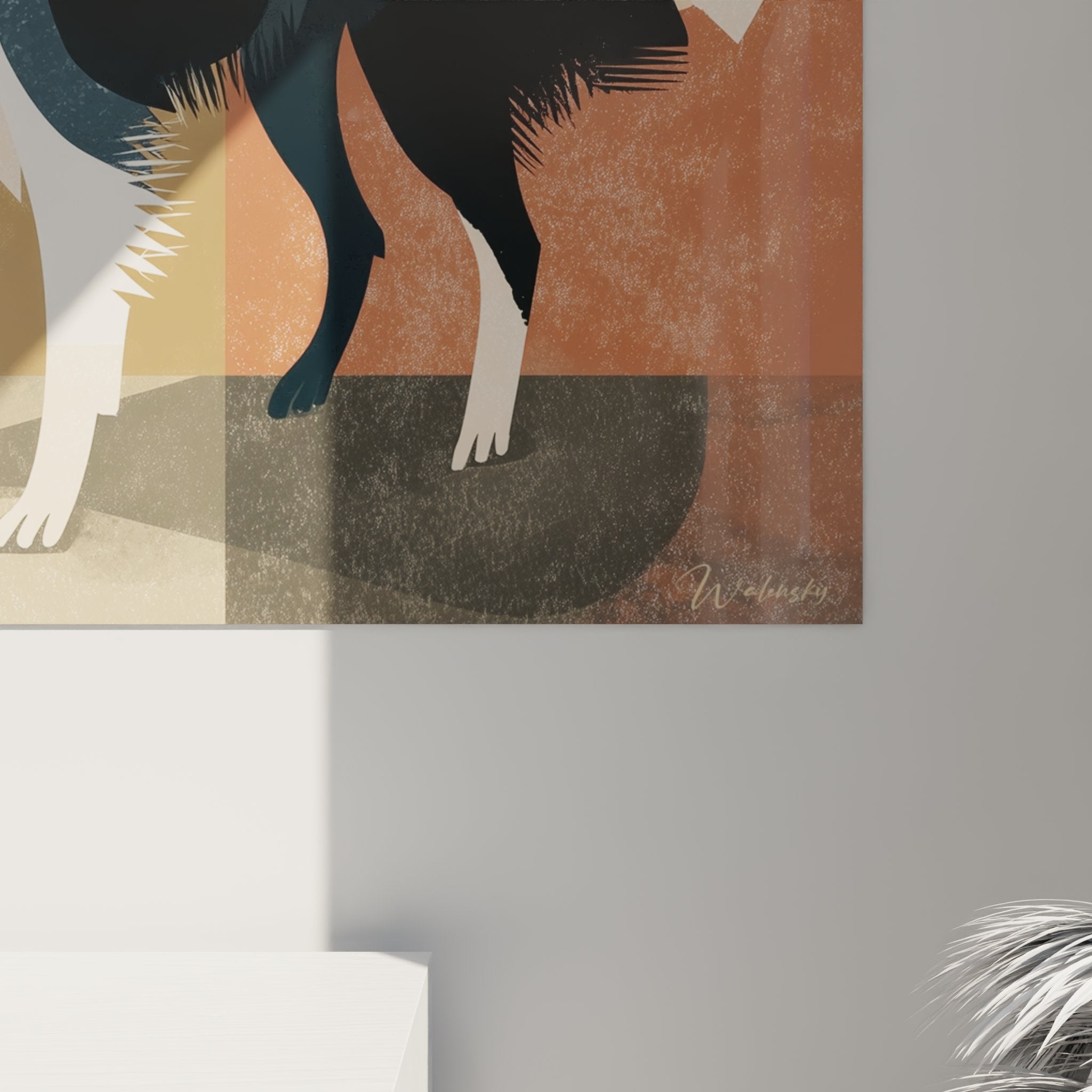 Gesamtansicht Kunstwerk Border Collie geometrische Komposition modernes Design sanfte Farben Wohnzimmer