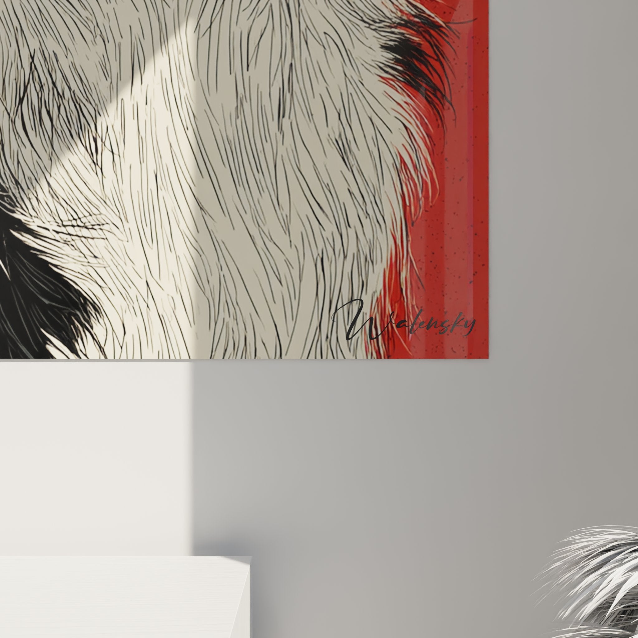 Vue ensemble tableau border collie fond rouge decoration interieur moderne art animalier mural