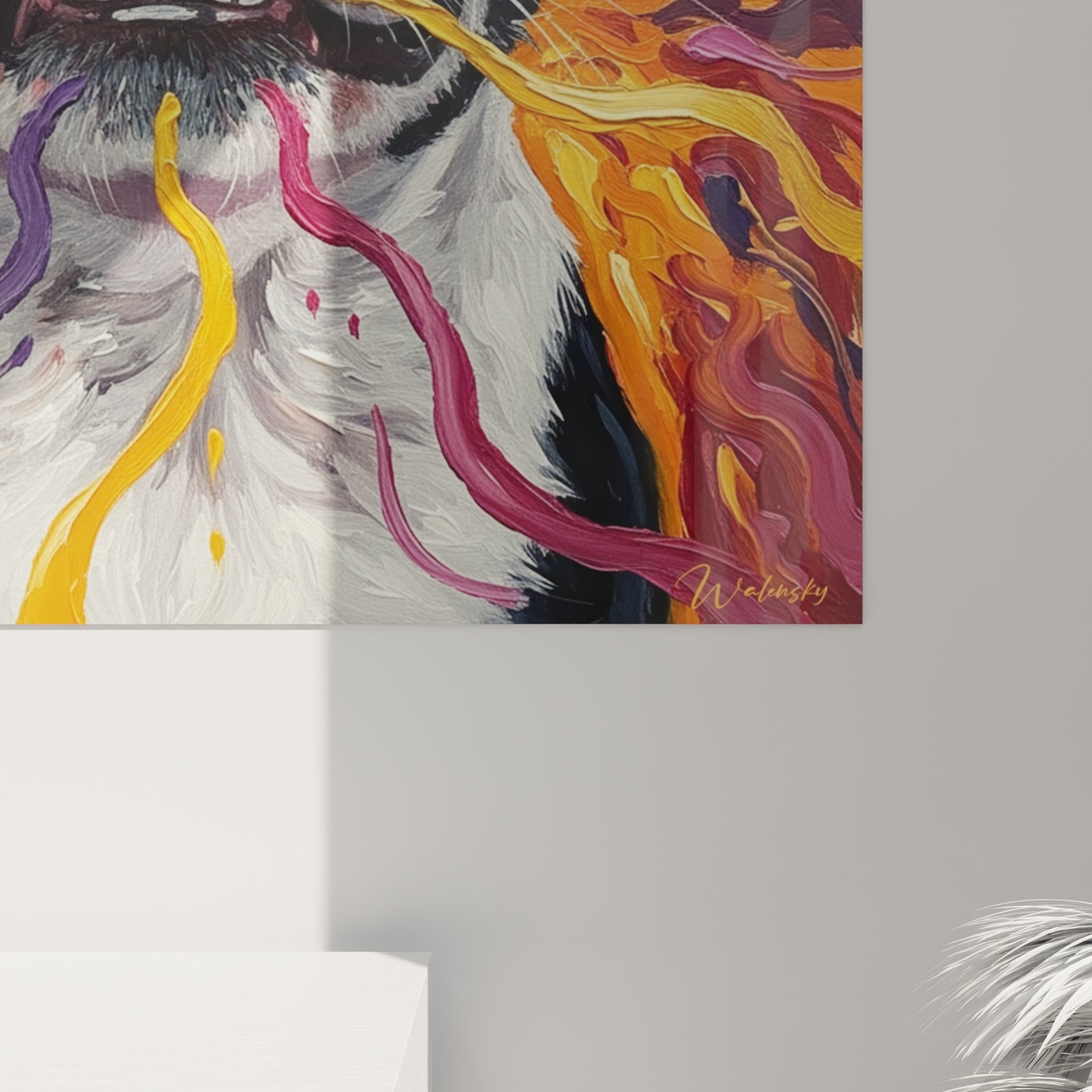Vue d'ensemble tableau Boston Terrier explosion flammes multicolores orange violet rouge art mural décoratif