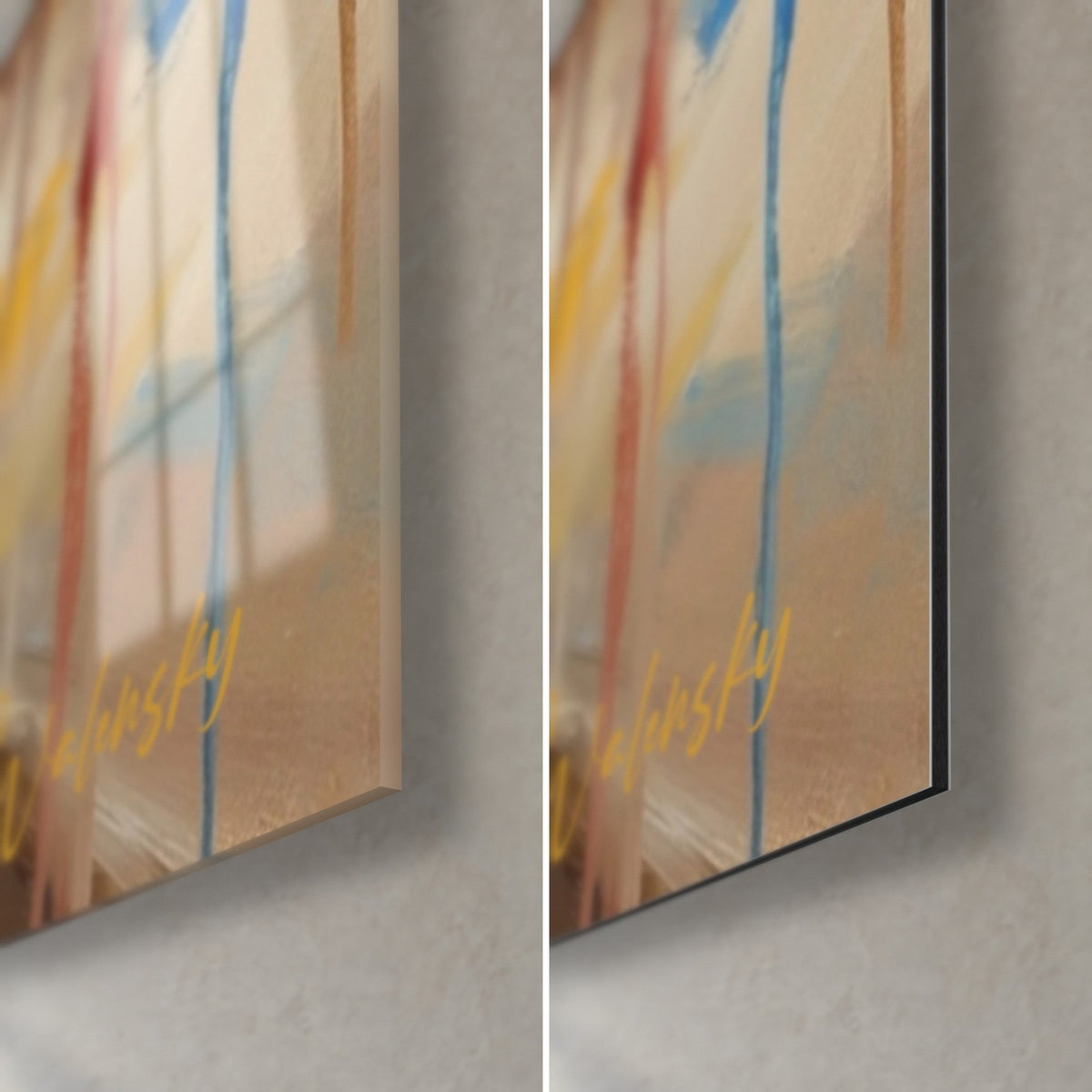 Wall art bulldog in dripping paint, bottom right corner: glossy acrylic glass on the left, matte aluminium Dibond on the right, 3 mm edge