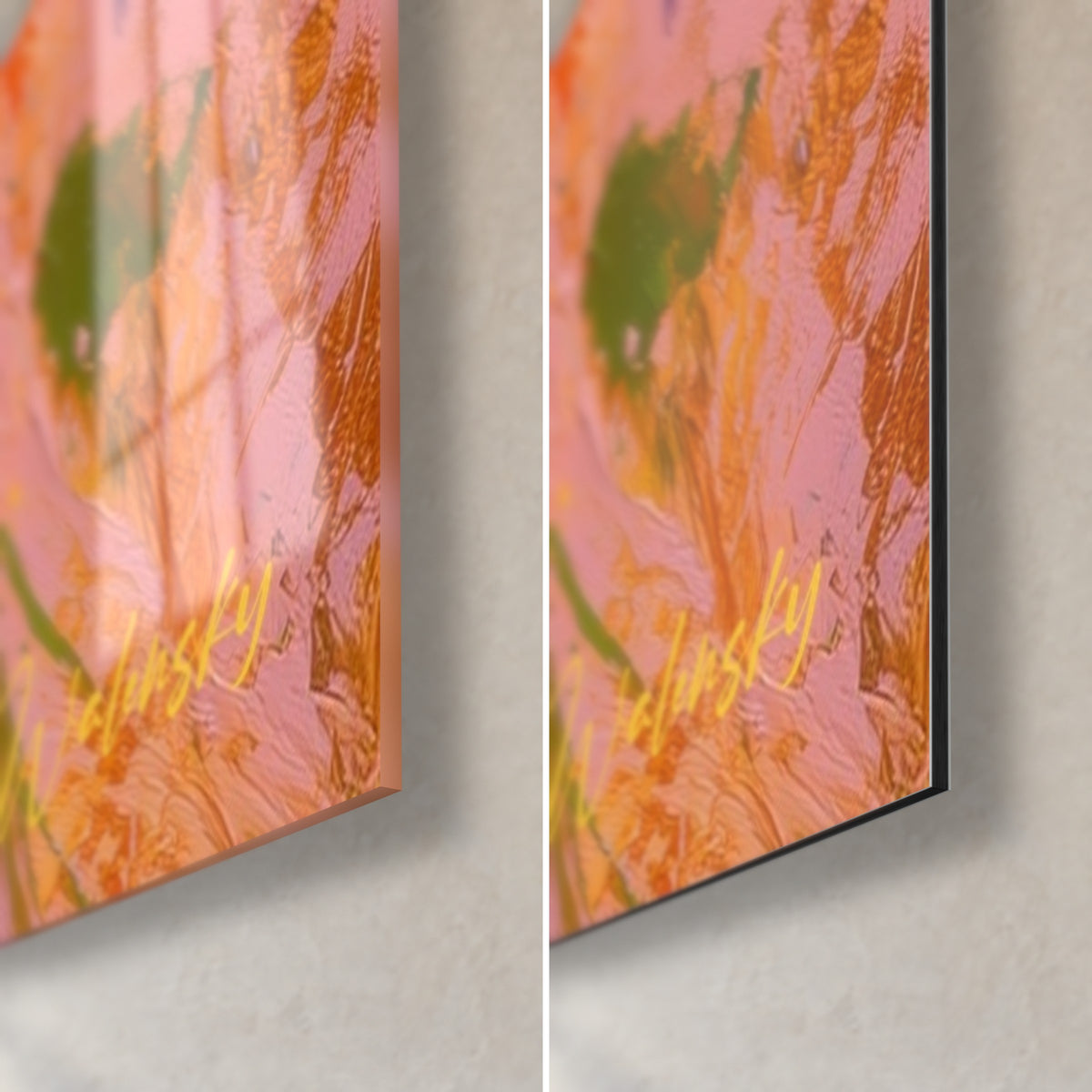 Tableau gerbe florale rose et orange, coin bas droit en verre brillant à reflets et alu Dibond mat, tranche de 3 mm