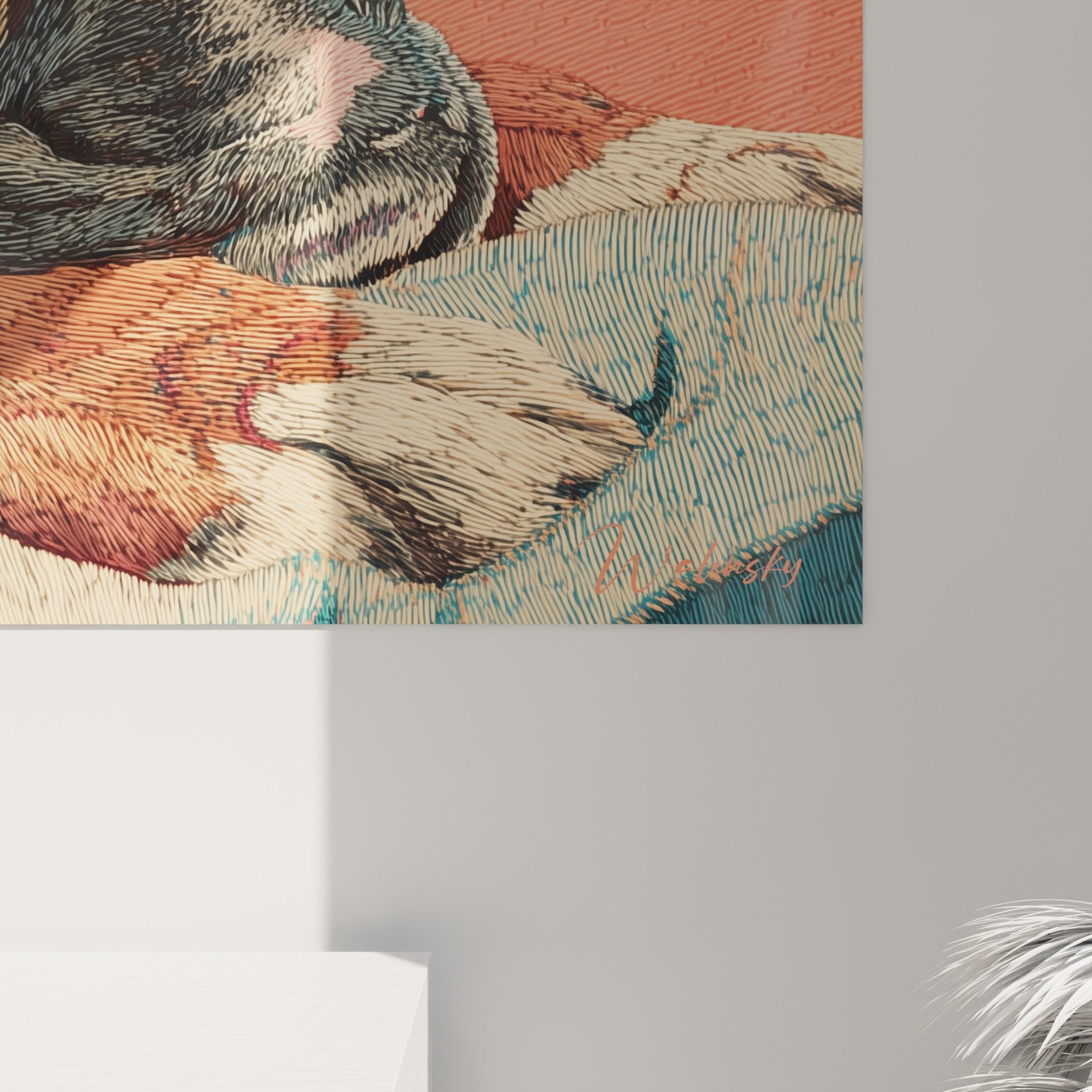 Vue d'ensemble tableau mural Boxer contemplatif, art canin décoratif tons chauds corail rosé