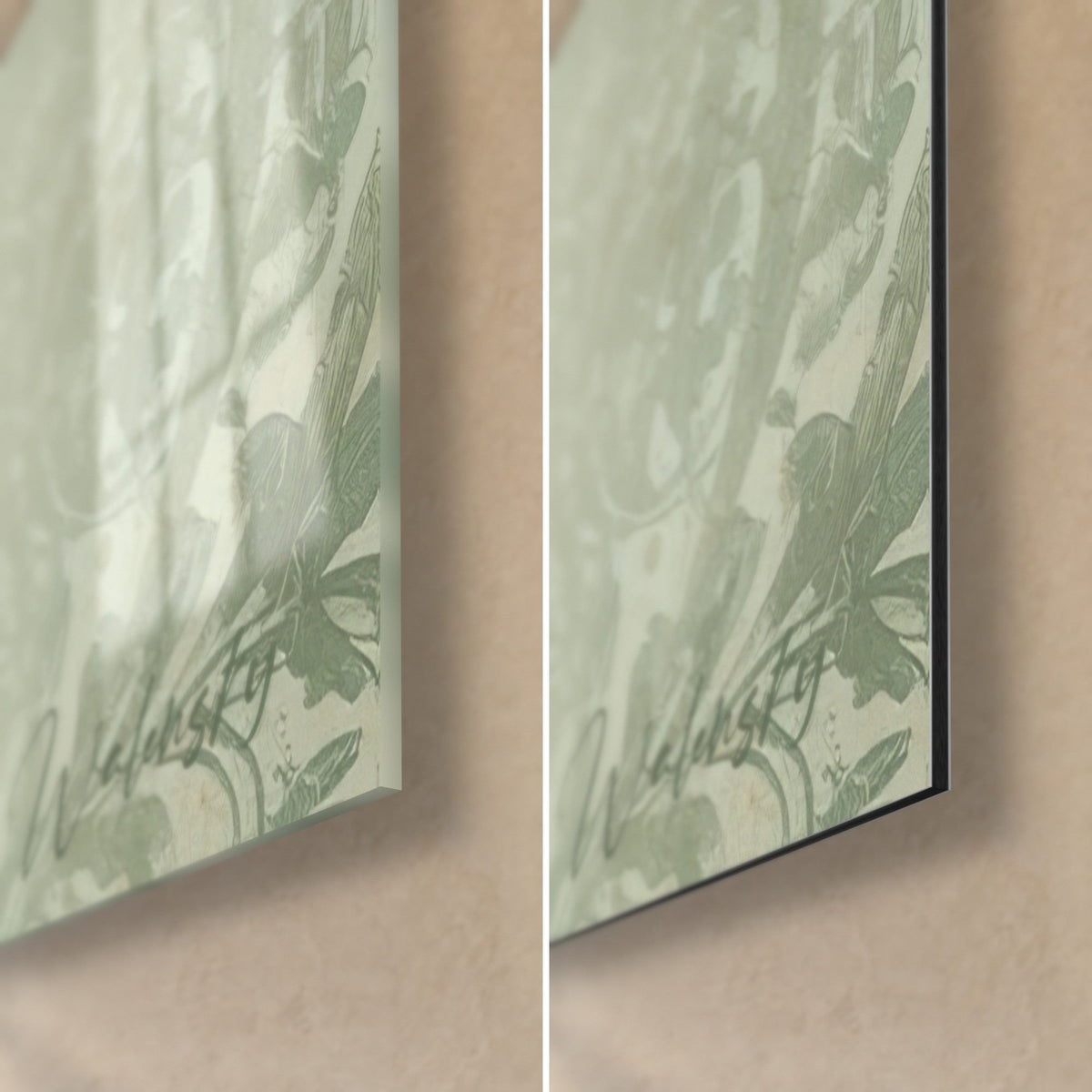 Tableau boxer au museau noir, coin bas droit : verre acrylique brillant à gauche, alu Dibond mat à droite, tranche noire de 3 mm, vert sauge