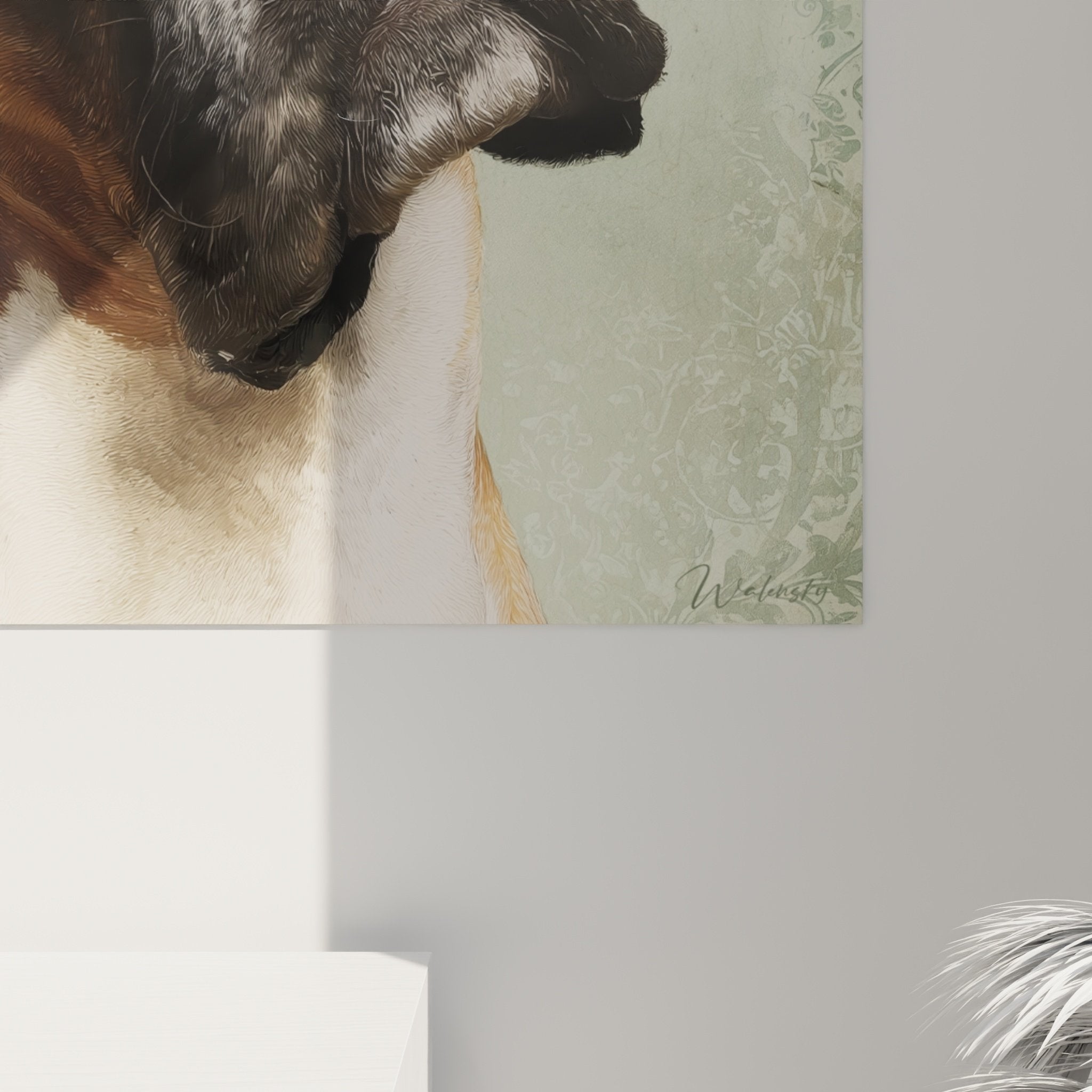 Overall view of Boxer portrait caramel painting on beige wall, harmonious interior decoration integration