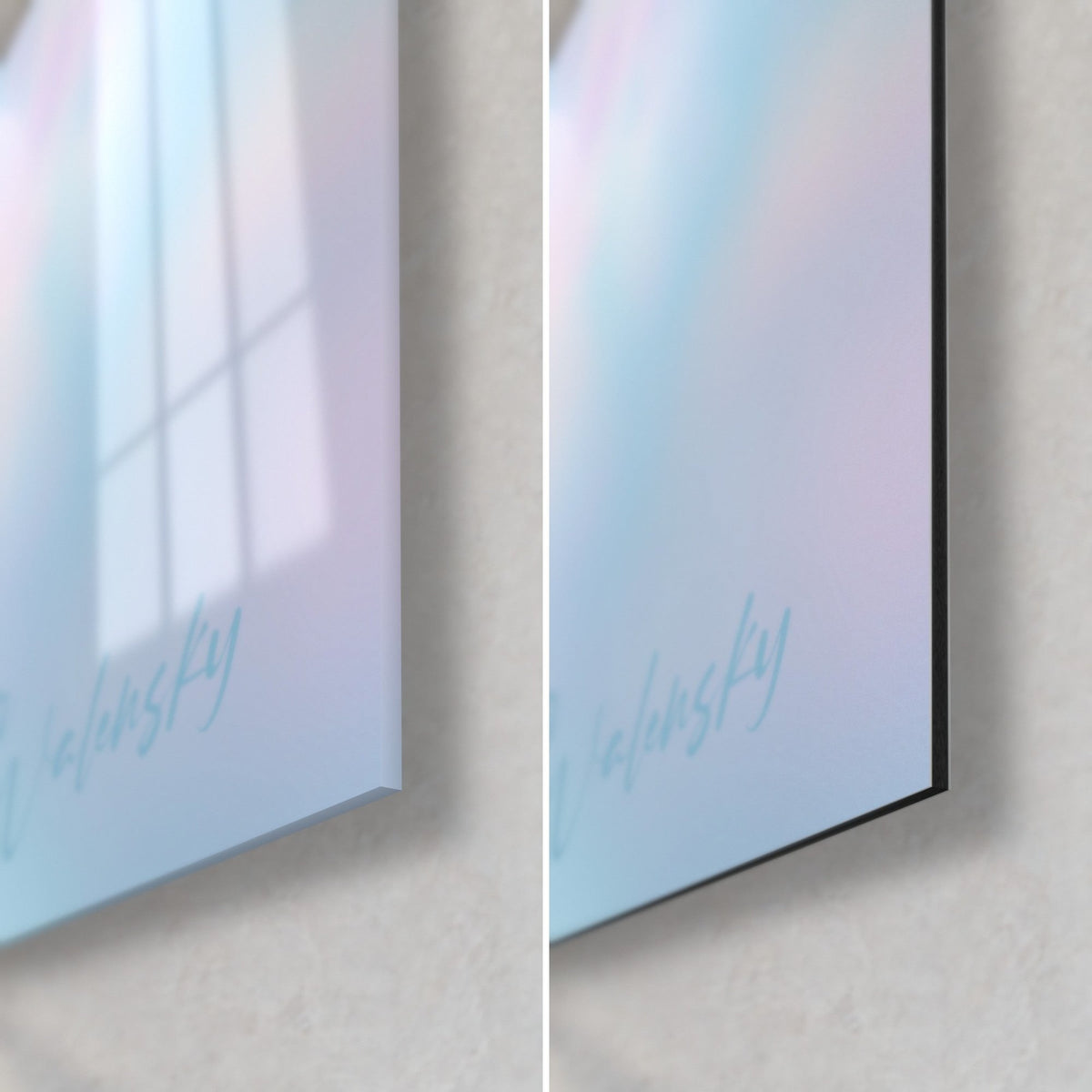 Cuadro de un retrato canino en blanco y azul glaciar, esquina inferior derecha: cristal brillante con reflejos de ventana, aluminio Dibond mate, canto de 3 mm