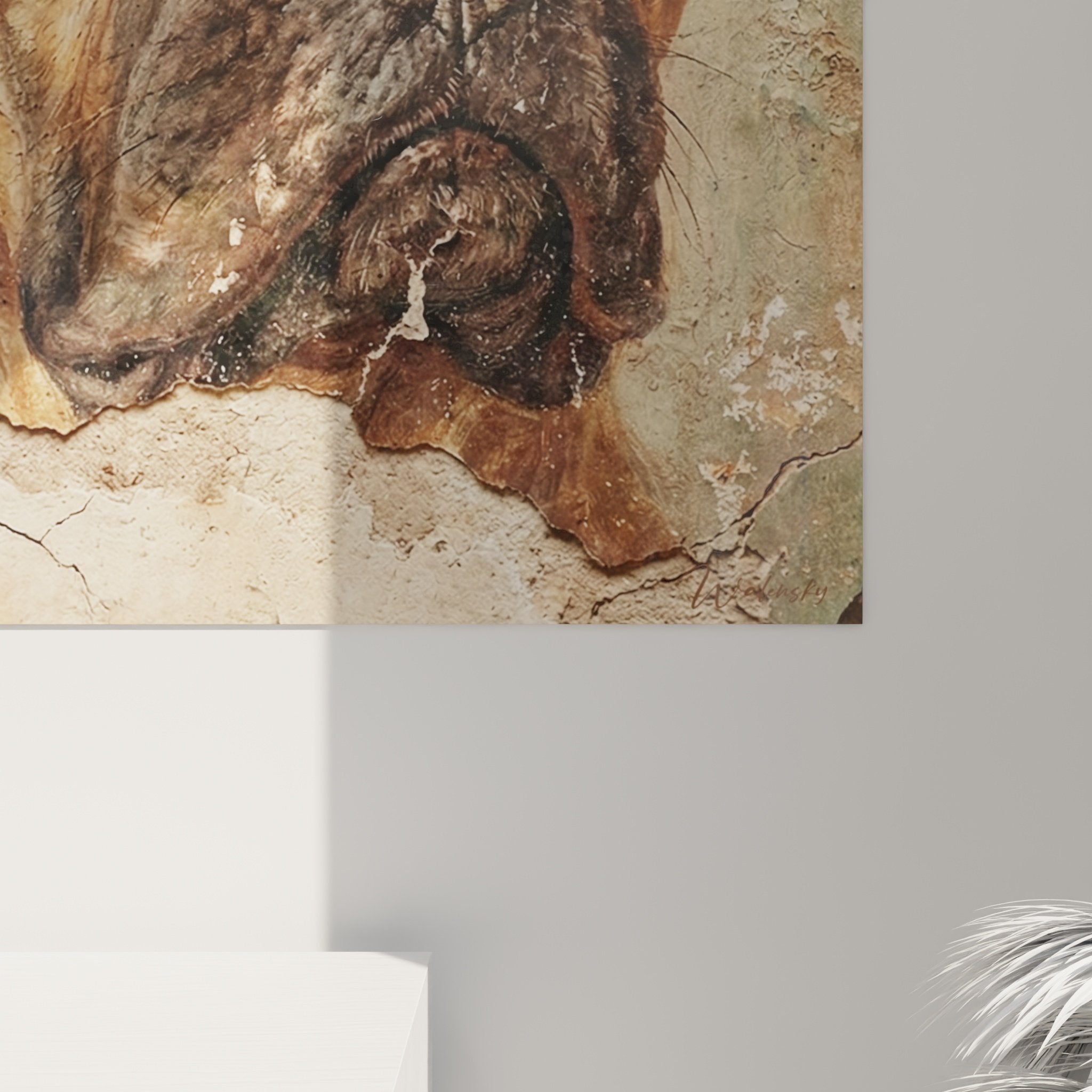 Vue ensemble tableau mural bullmastiff support patine craquele art contemporain decoration interieure